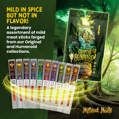 Mythical Meats open variety display with ten individually wrapped mild meat sticks for sampling