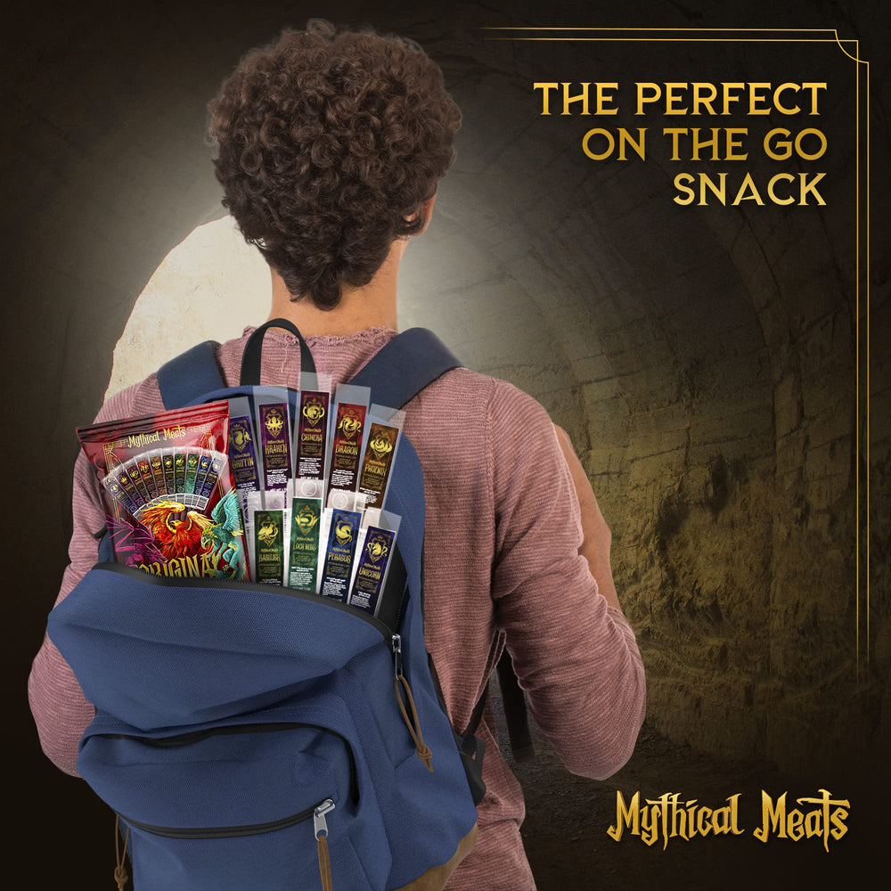 Mythical Meats sticks stored in backpack pocket for travel-ready energy