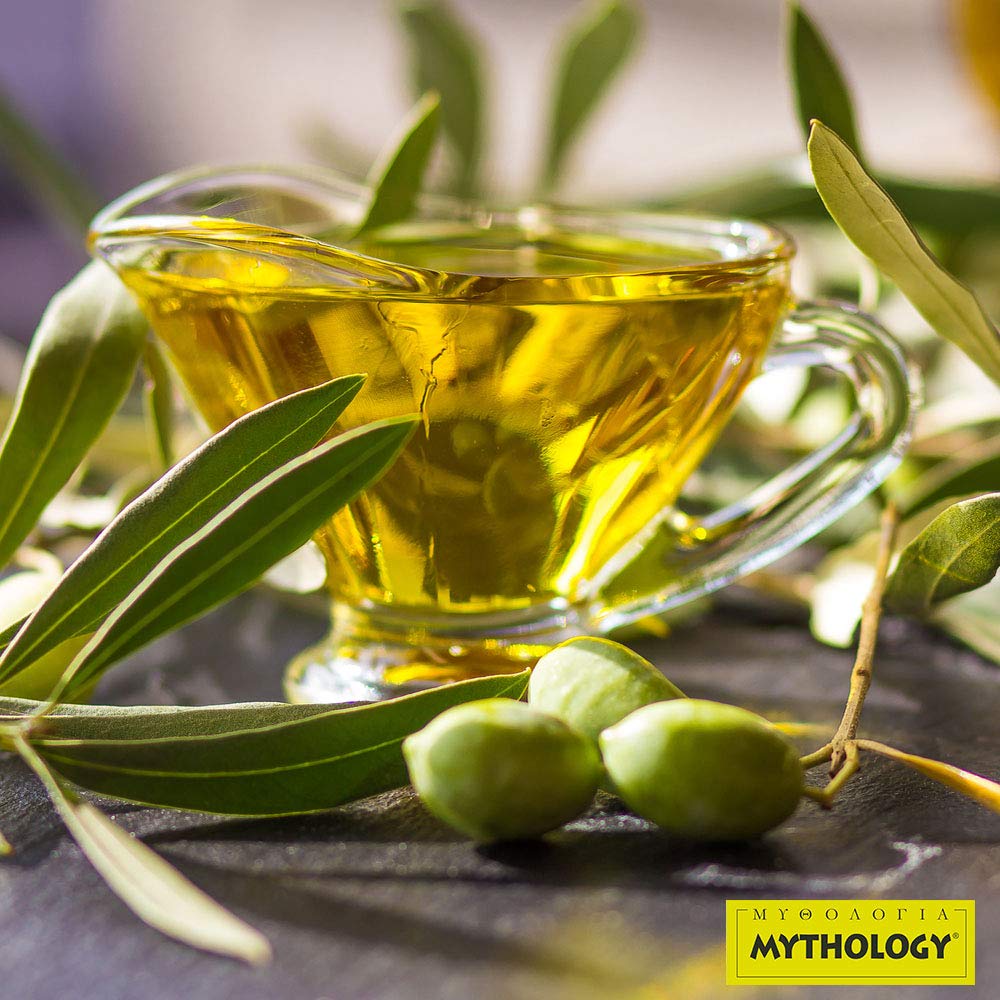 Mythology close-up of olive oil surface texture highlighting purity and richness benefit