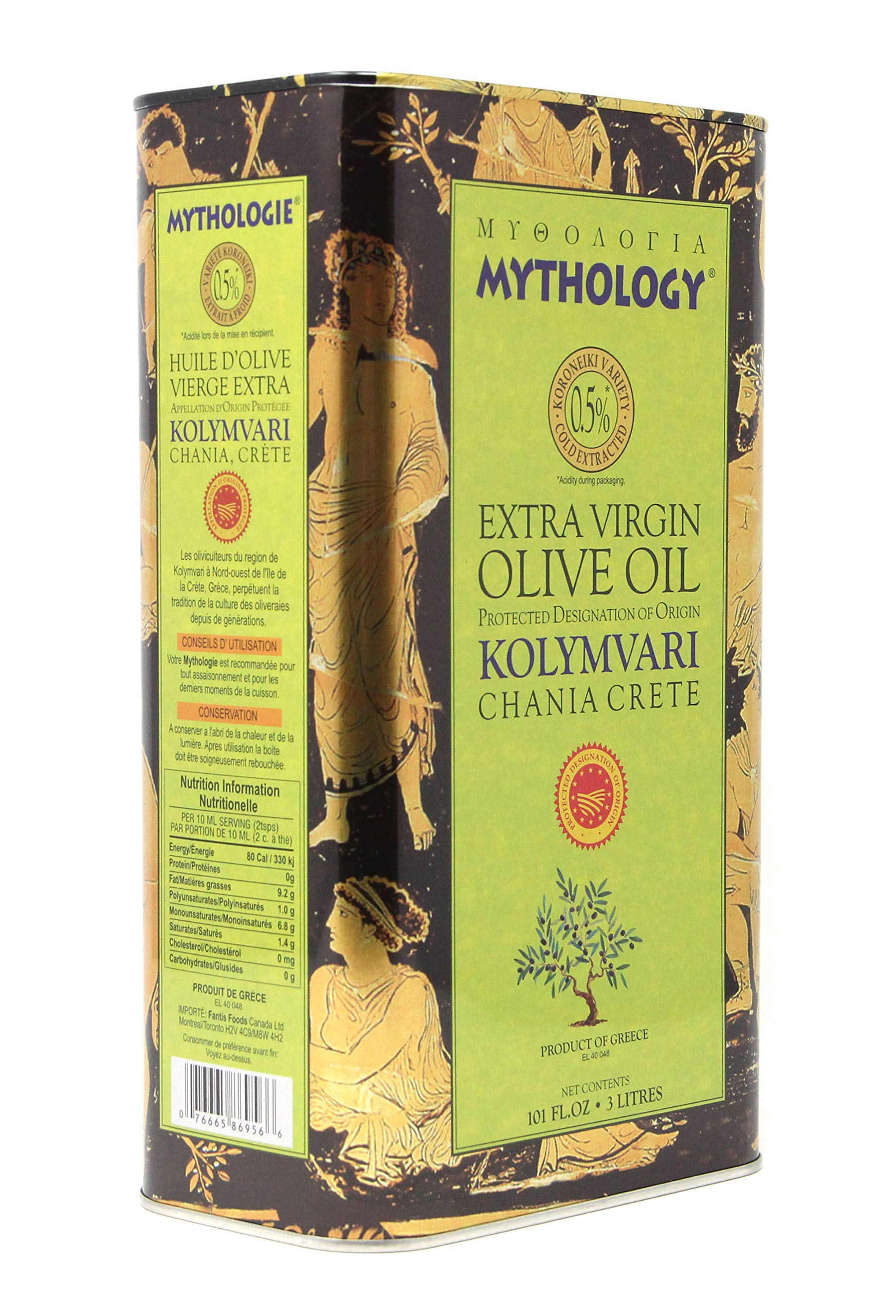 Mythology tin side label with PDO Kolymvari badge assuring regional authenticity