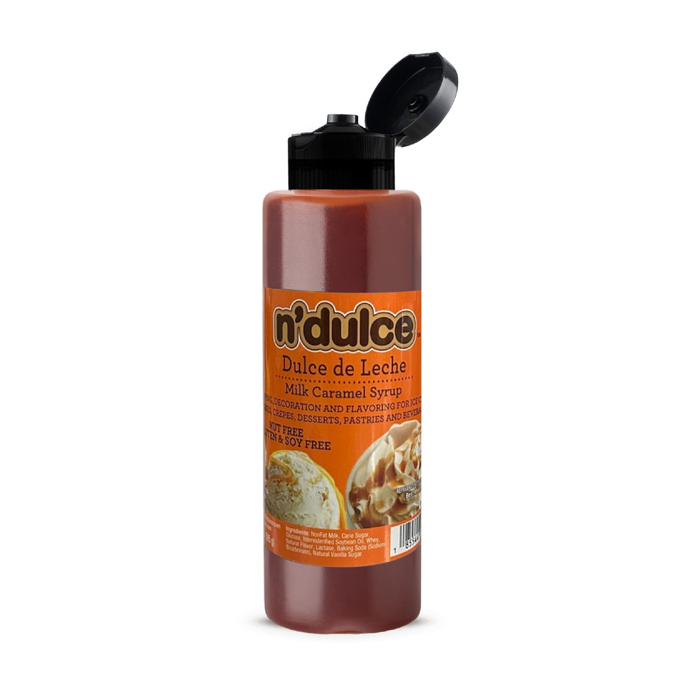 N'DULCE front packaging showing 21 oz bottle and branding, clear pour benefit