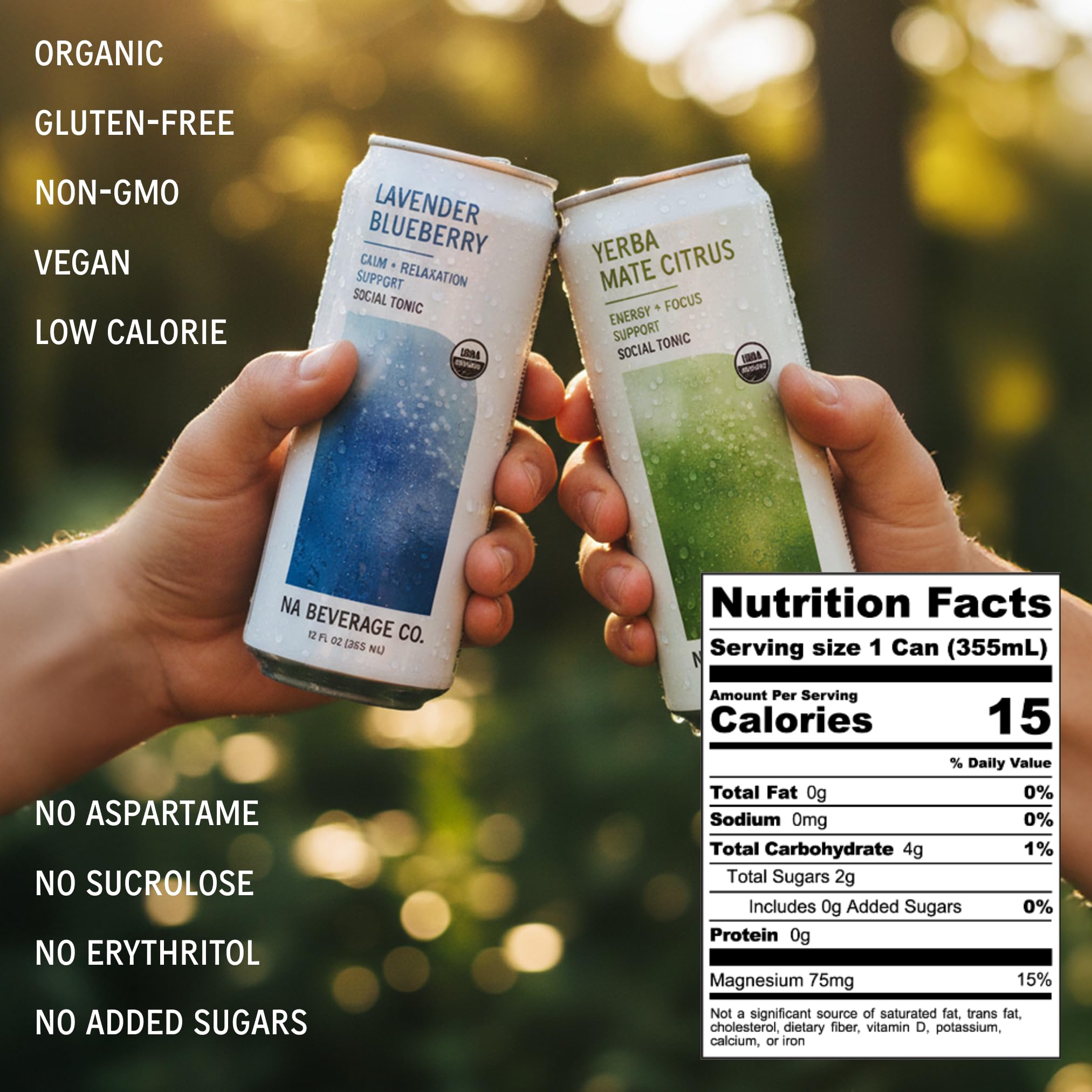 NA Beverage flavor spread with four cans illustrating variety and easy serving benefits
