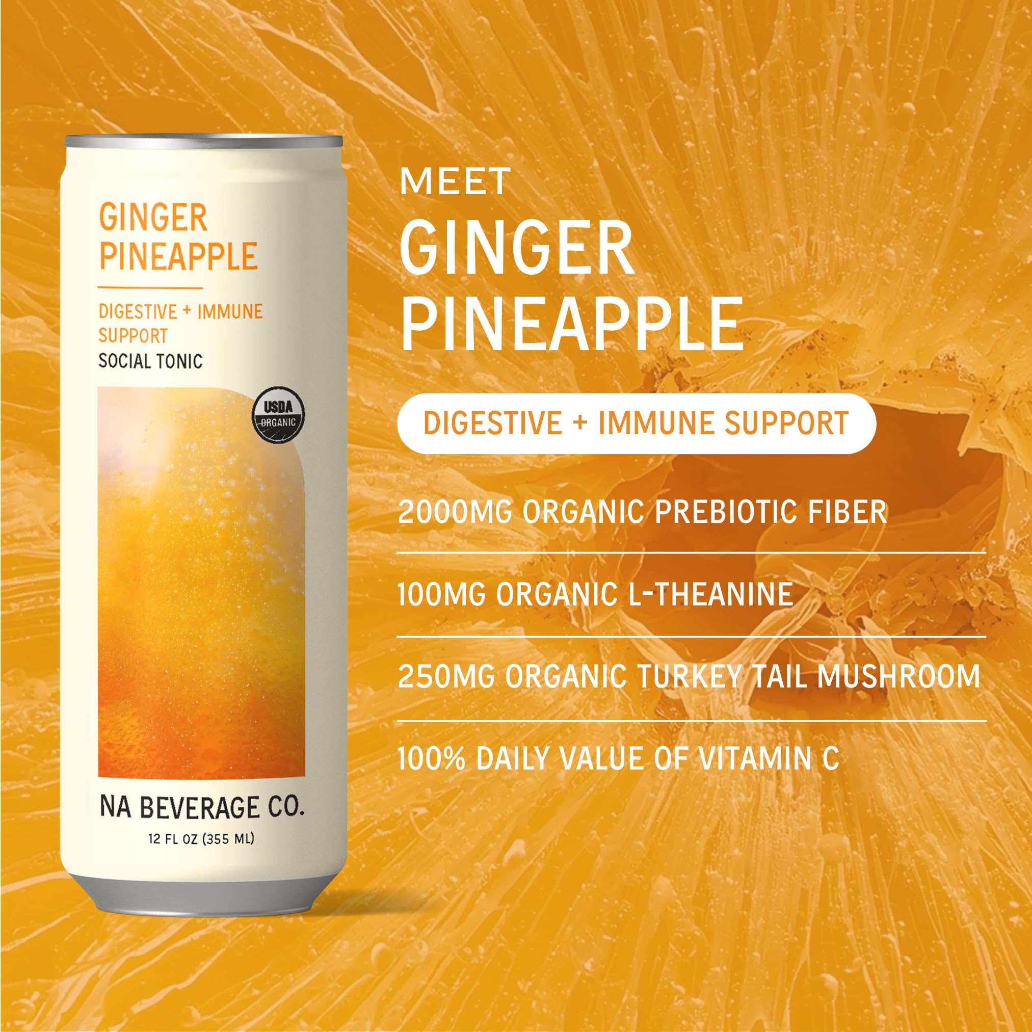 NA Beverage close-up of can label highlighting ingredients and prebiotic benefit for gut support