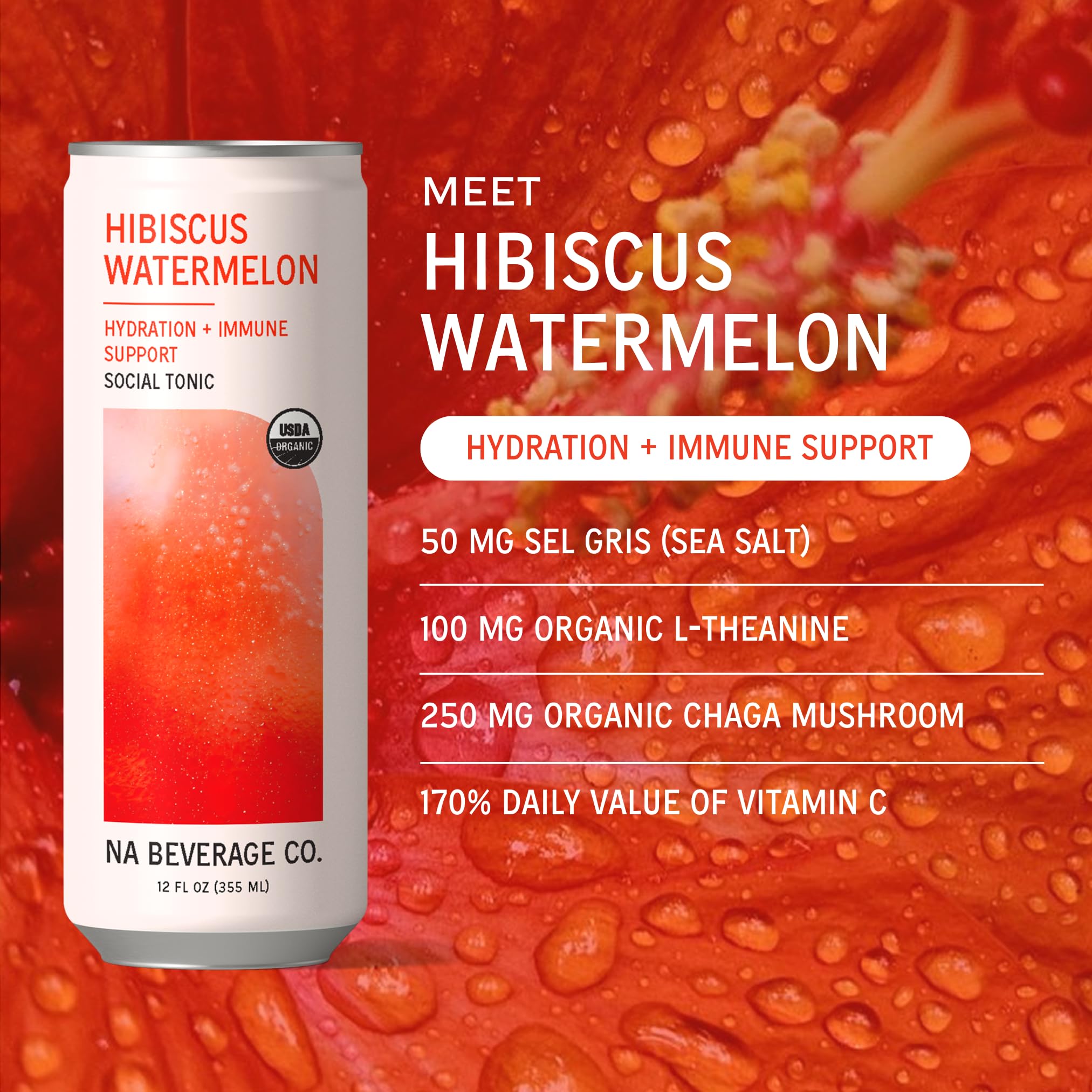 NA Beverage ingredient layout displaying ashwagandha and mushrooms for wellness benefit
