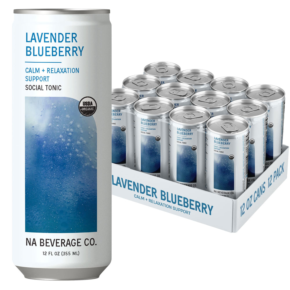 NA Beverage front packaging showing 12-pack and calming lavender blueberry flavor