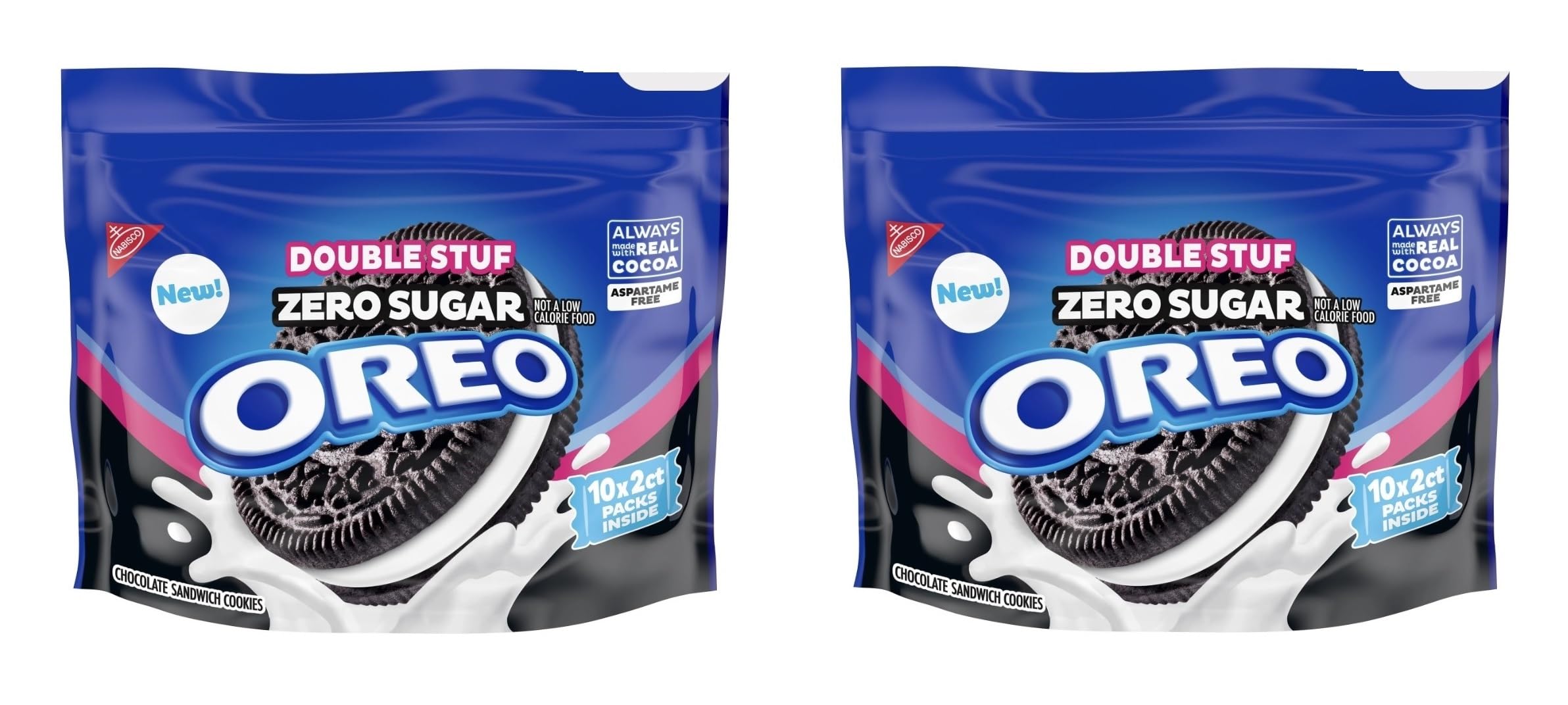 Nabisco Oreo front packaging showing two 10.3 oz zero sugar double stuf packs and serving suggestion
