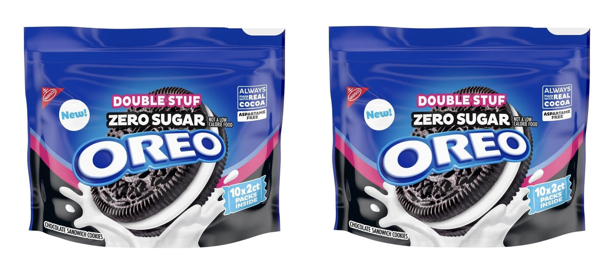 Nabisco Oreo front packaging showing two 10.3 oz zero sugar double stuf packs and serving suggestion