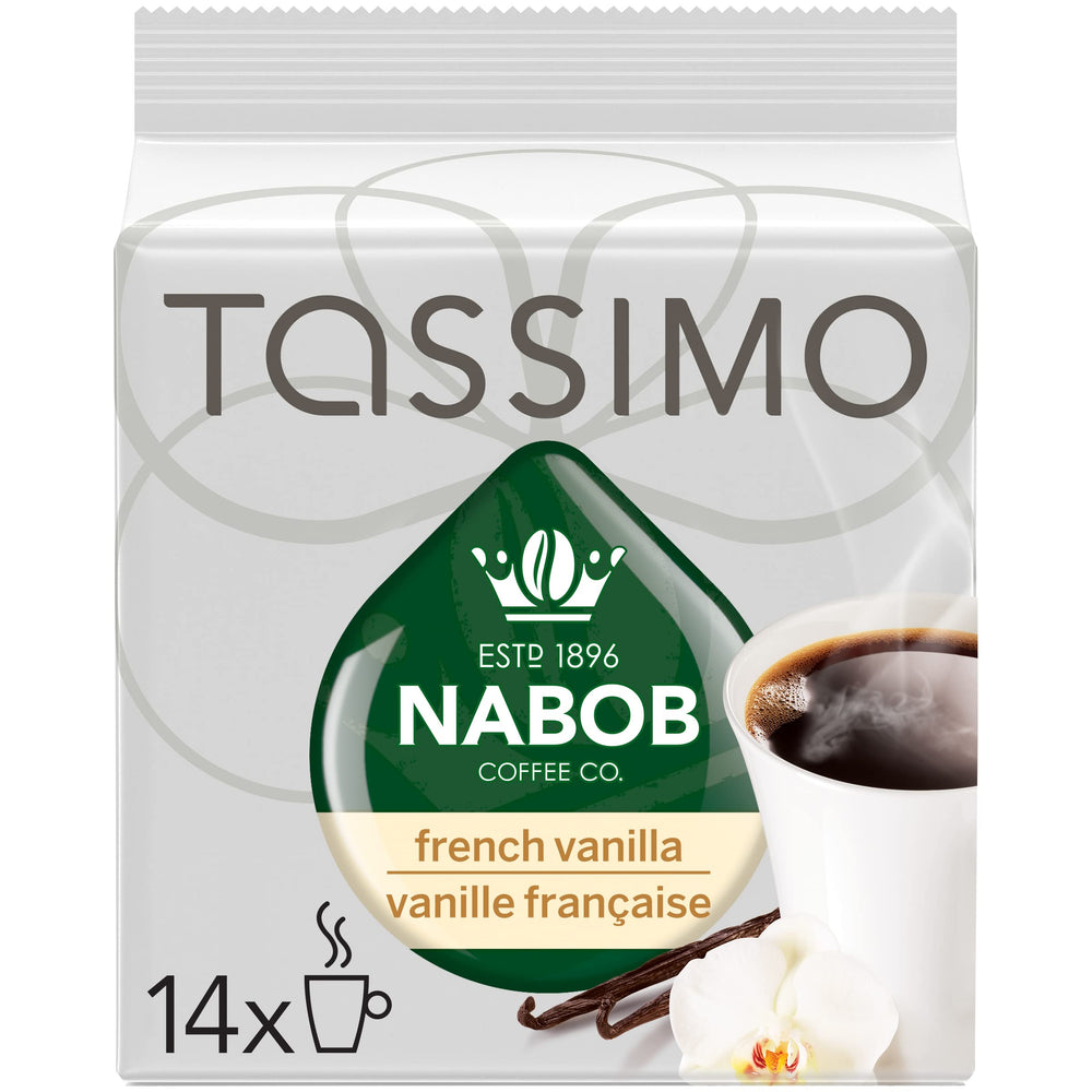 NABOB front packaging showing French Vanilla T-Discs and clear product benefits