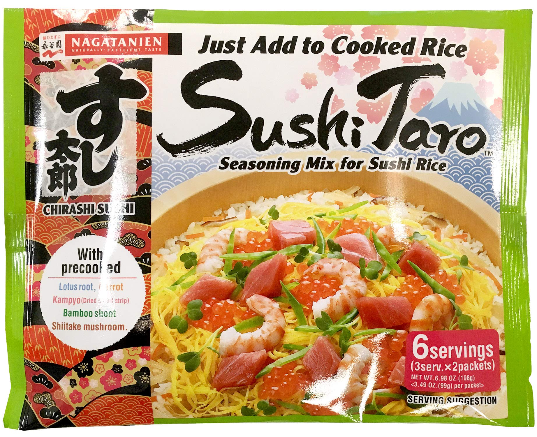 Nagatanien seasoning close-up reveals dried seafood and vegetable pieces for flavor