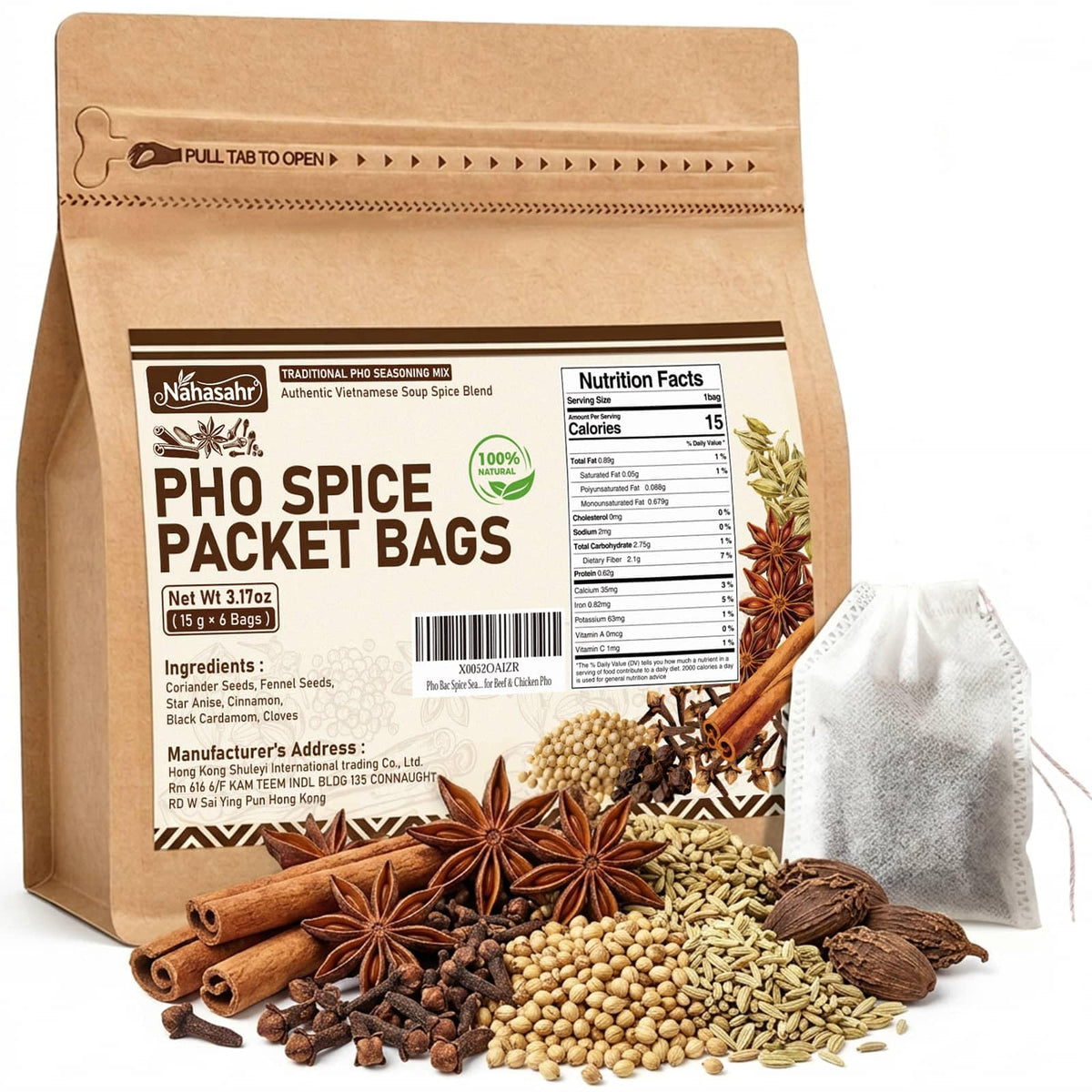 Nahasahr packaging front showing six pho spice sachets and product benefits