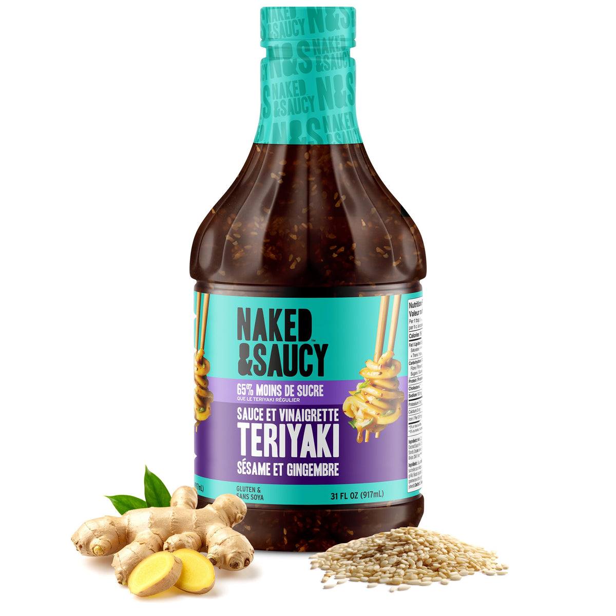 Naked & Saucy bottle front showing teriyaki sesame ginger label and versatile use