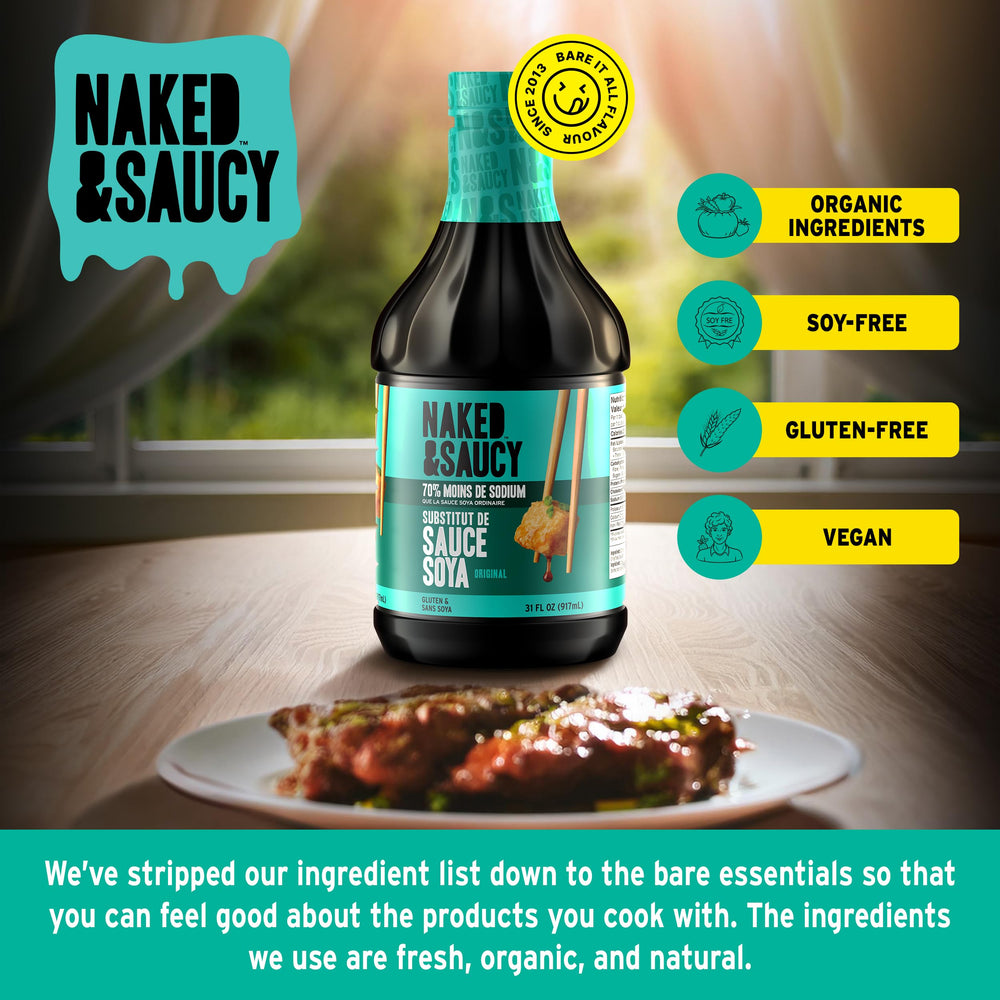 Naked & Saucy bottle beside sushi highlighting versatile dipping use