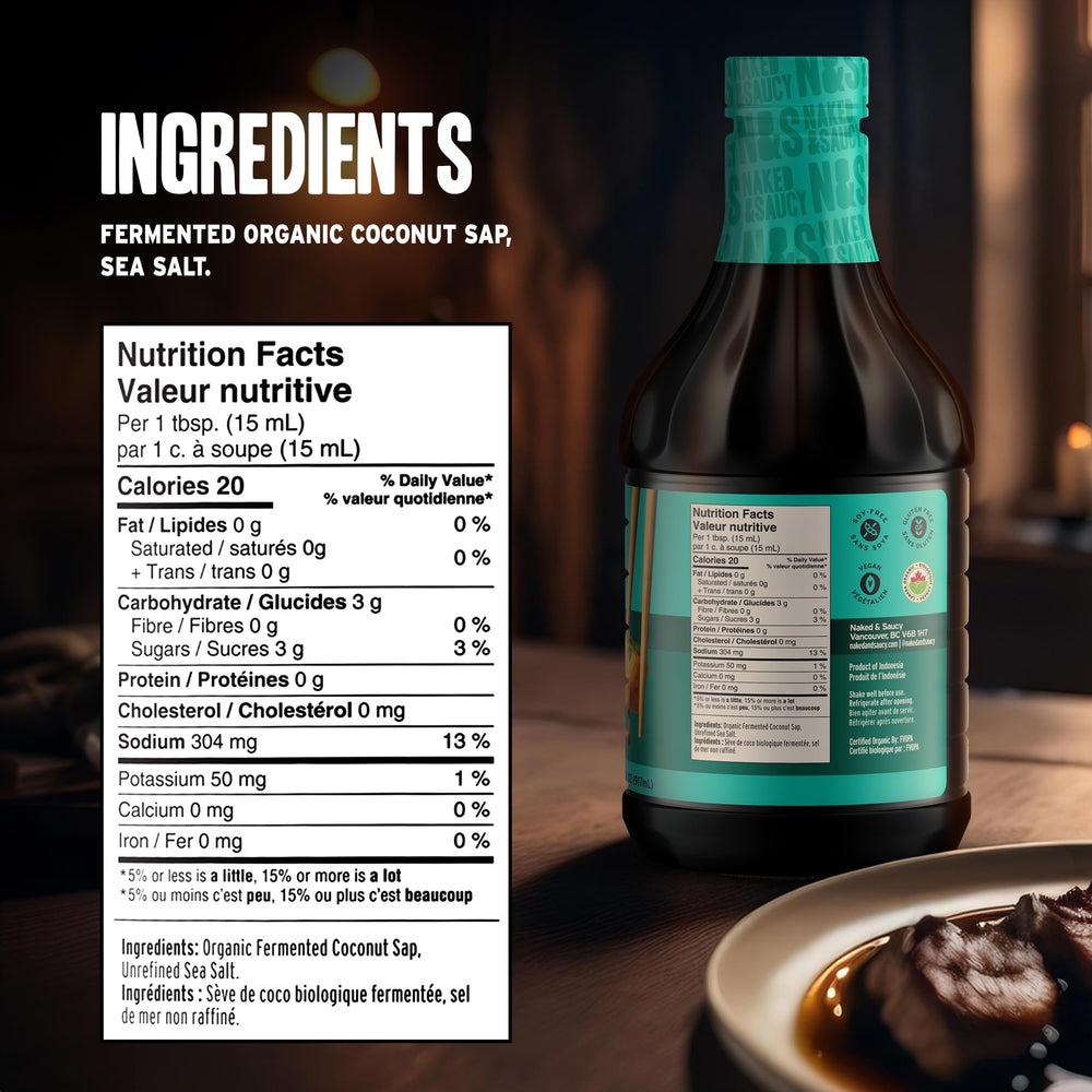 Naked & Saucy next to a measuring cup showing 31 fl oz scale