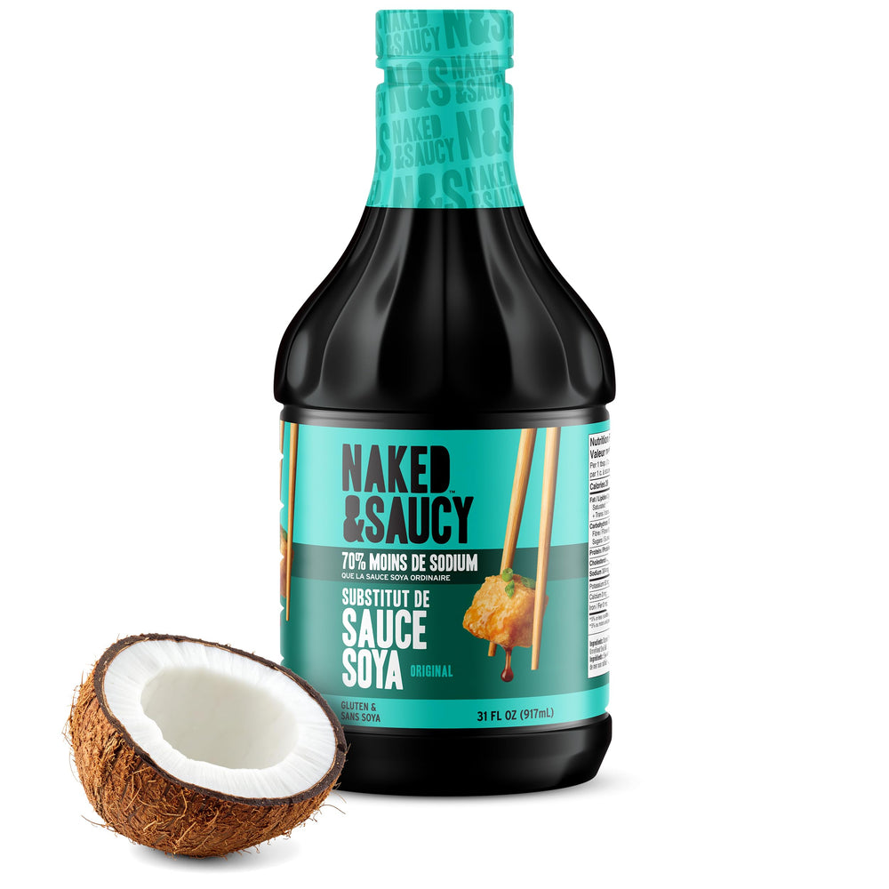 Naked & Saucy front label showing low sodium benefits and bottle size