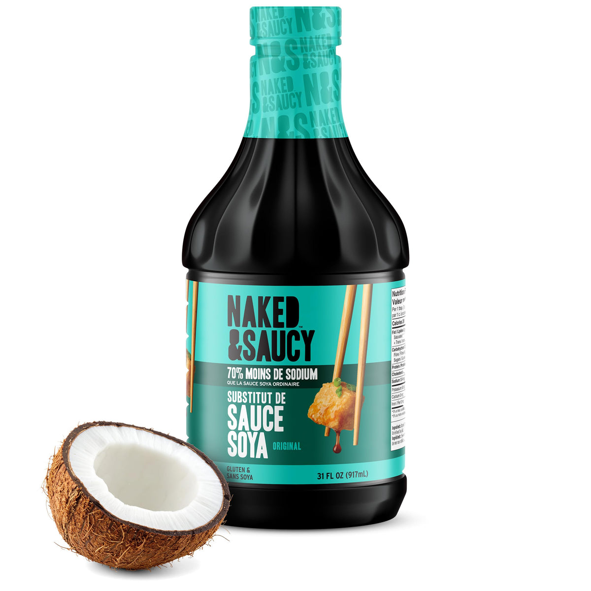 Naked & Saucy front label showing low sodium benefits and bottle size