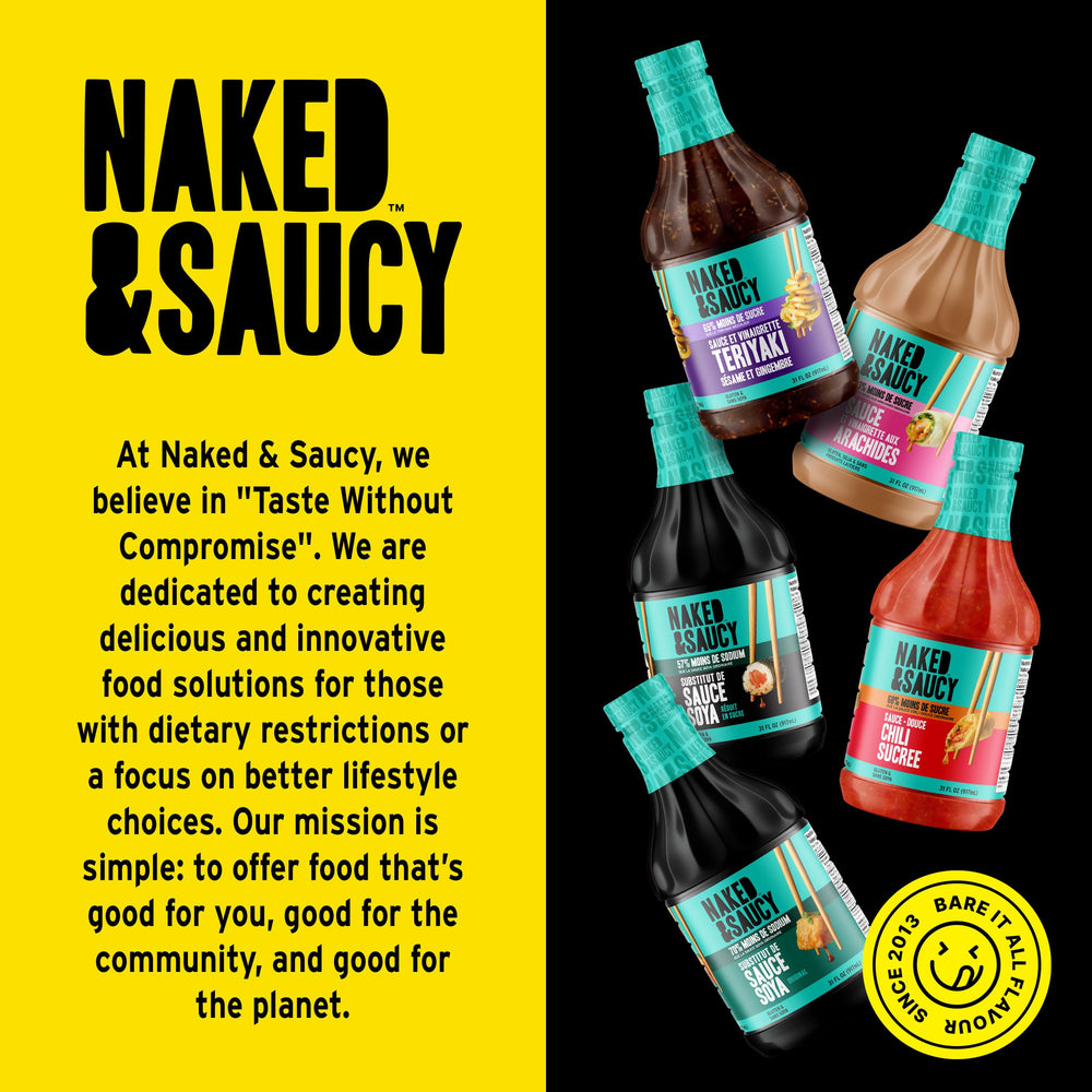 31 fl oz Naked & Saucy bottle beside a spoon to show size and portion control