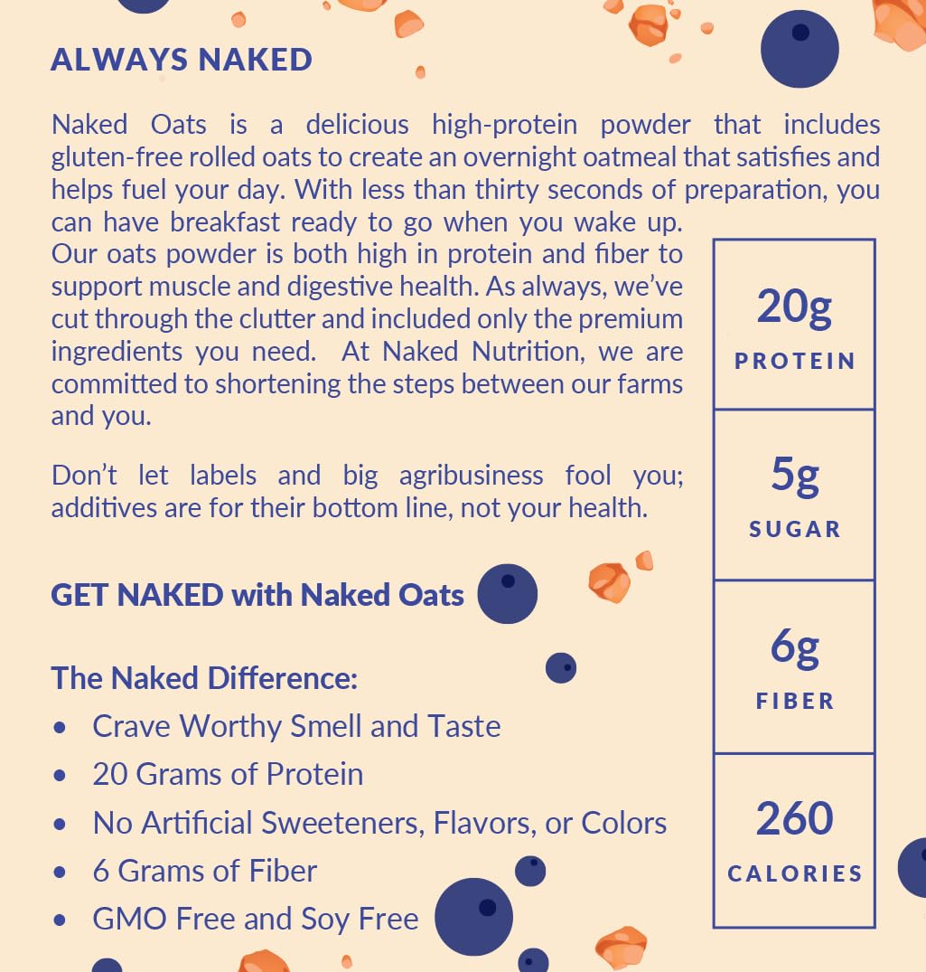 NAKED ingredients spread with oats, whey, blueberries and chia highlighting clean label