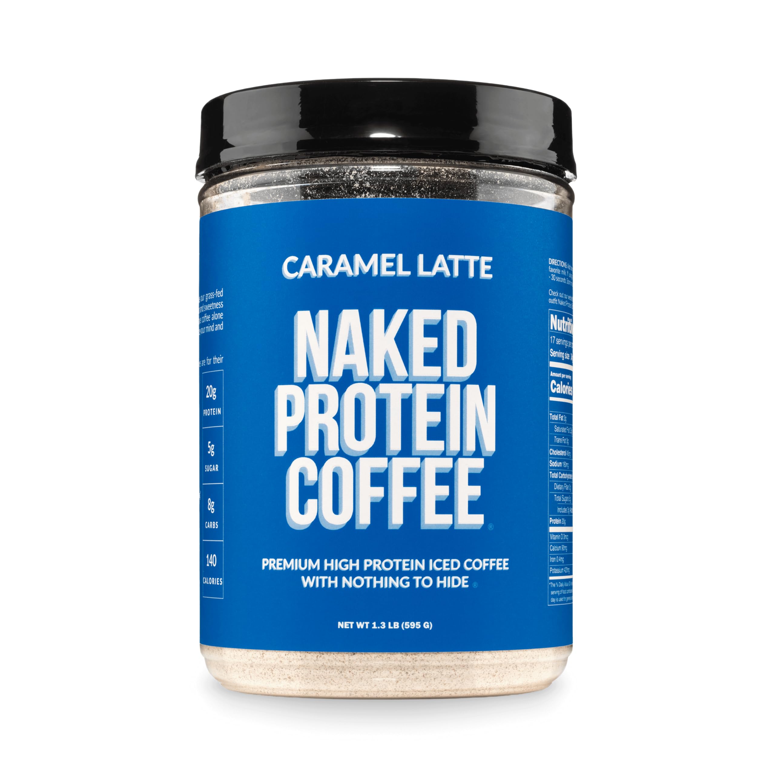 NAKED front packaging showing caramel latte container and branding for clean ingredients