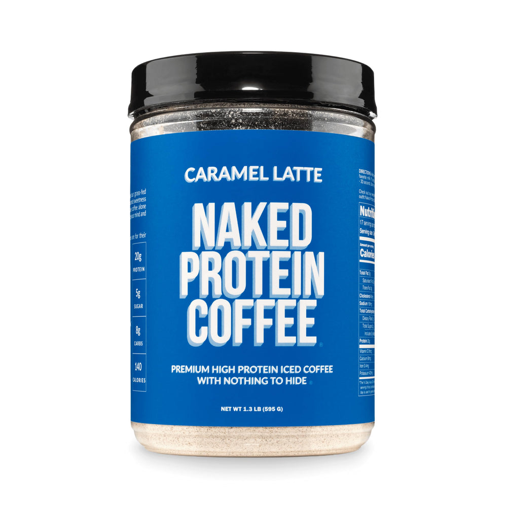NAKED front packaging showing caramel latte container and branding for clean ingredients