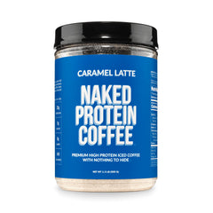 NAKED front packaging showing caramel latte container and branding for clean ingredients