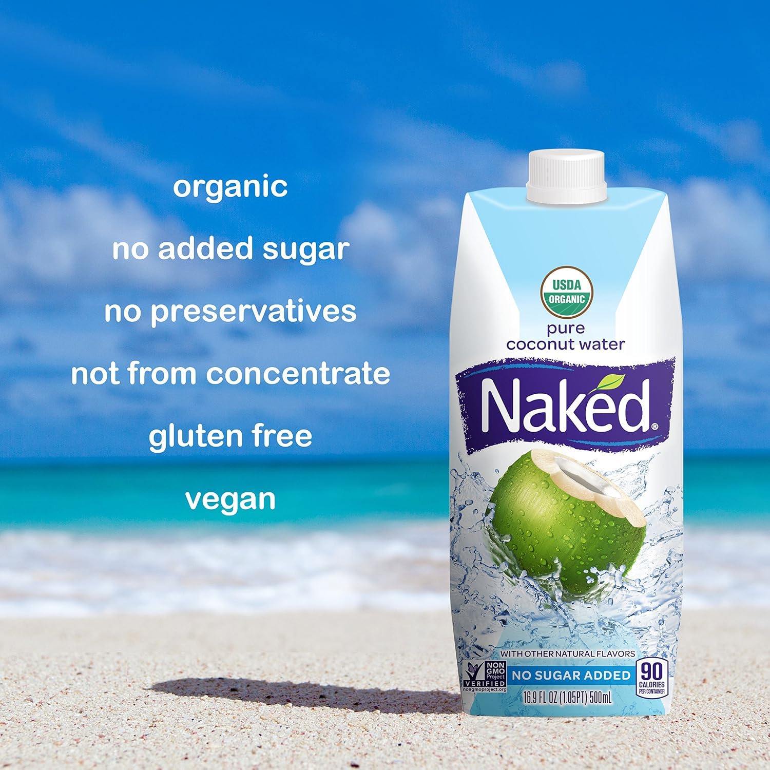 Naked pouring coconut water into glass for quick natural hydration
