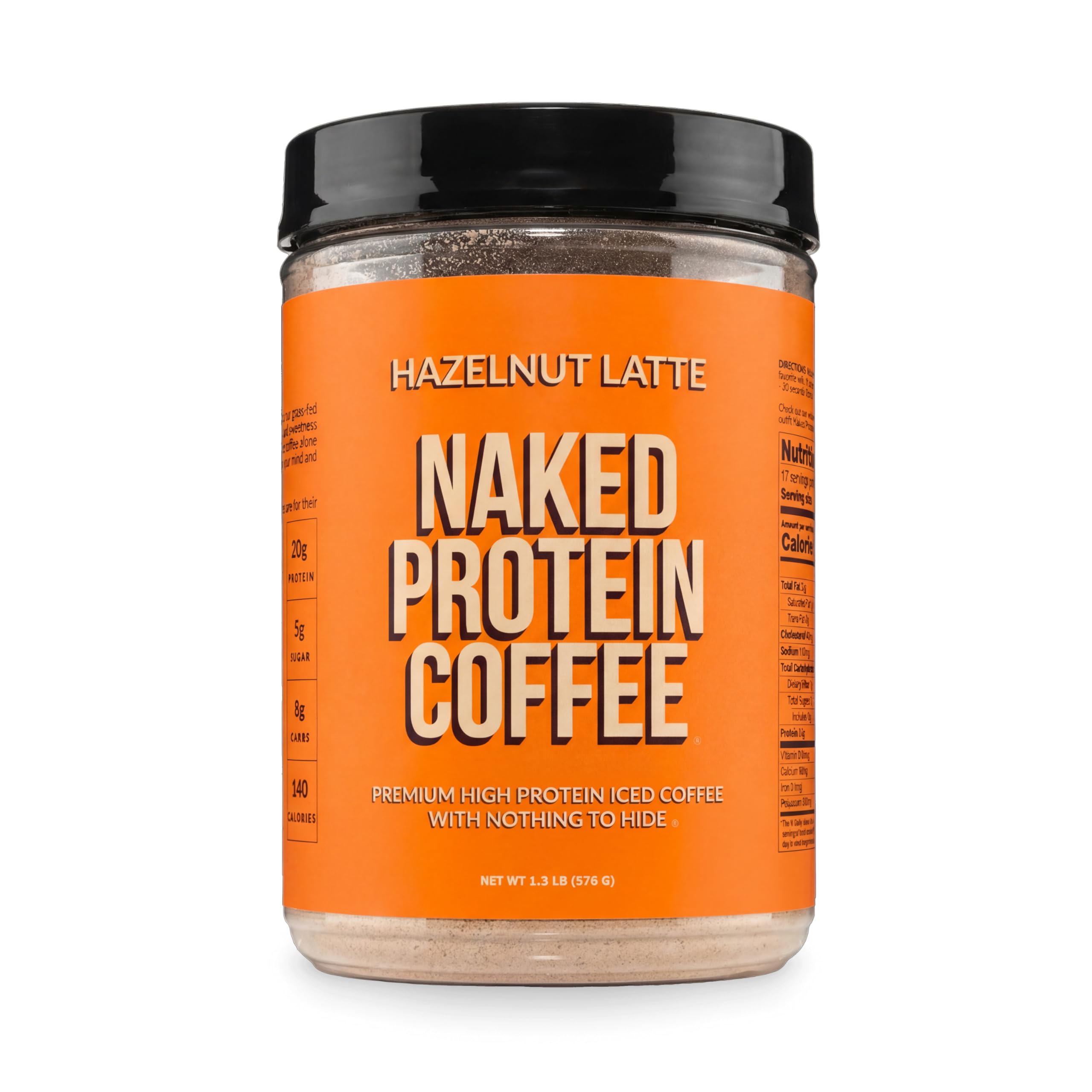 NAKED front packaging showing hazelnut latte powder and serving count for convenience