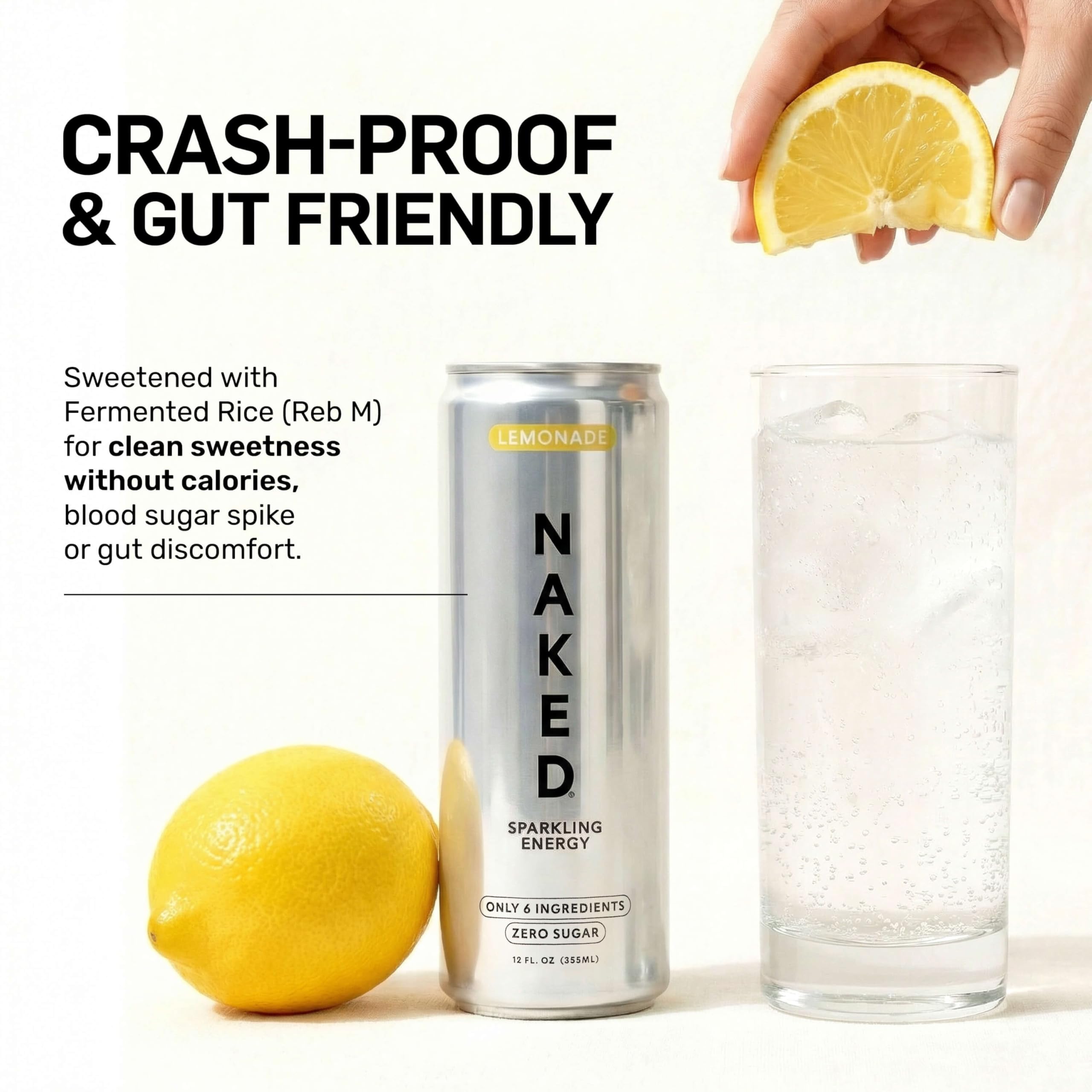 NAKED poured in glass with ice demonstrating clean, bright lemonade flavor