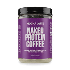 NAKED mocha latte front canister showing product branding and servings benefit