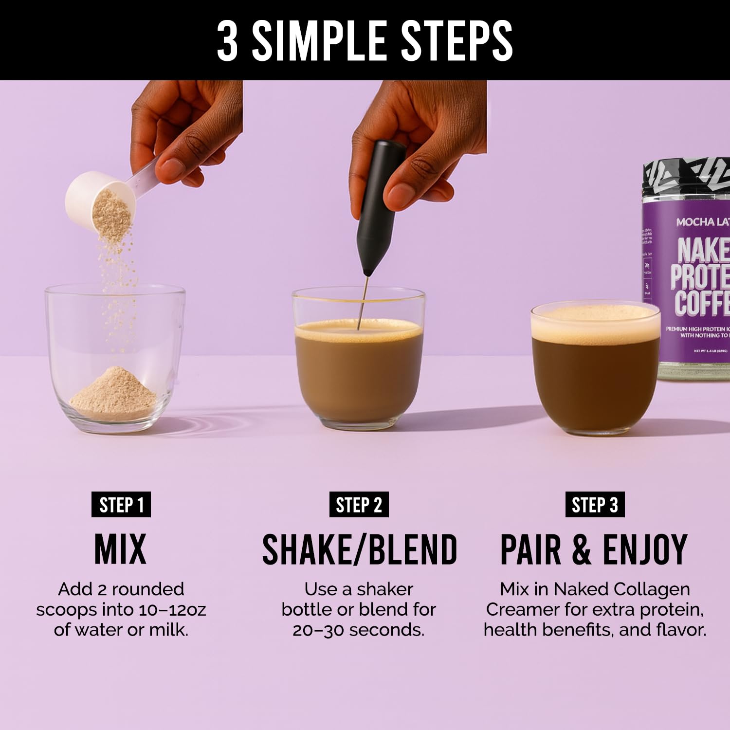 NAKED mocha latte in blender demonstrating quick blending for frothy café-style drink