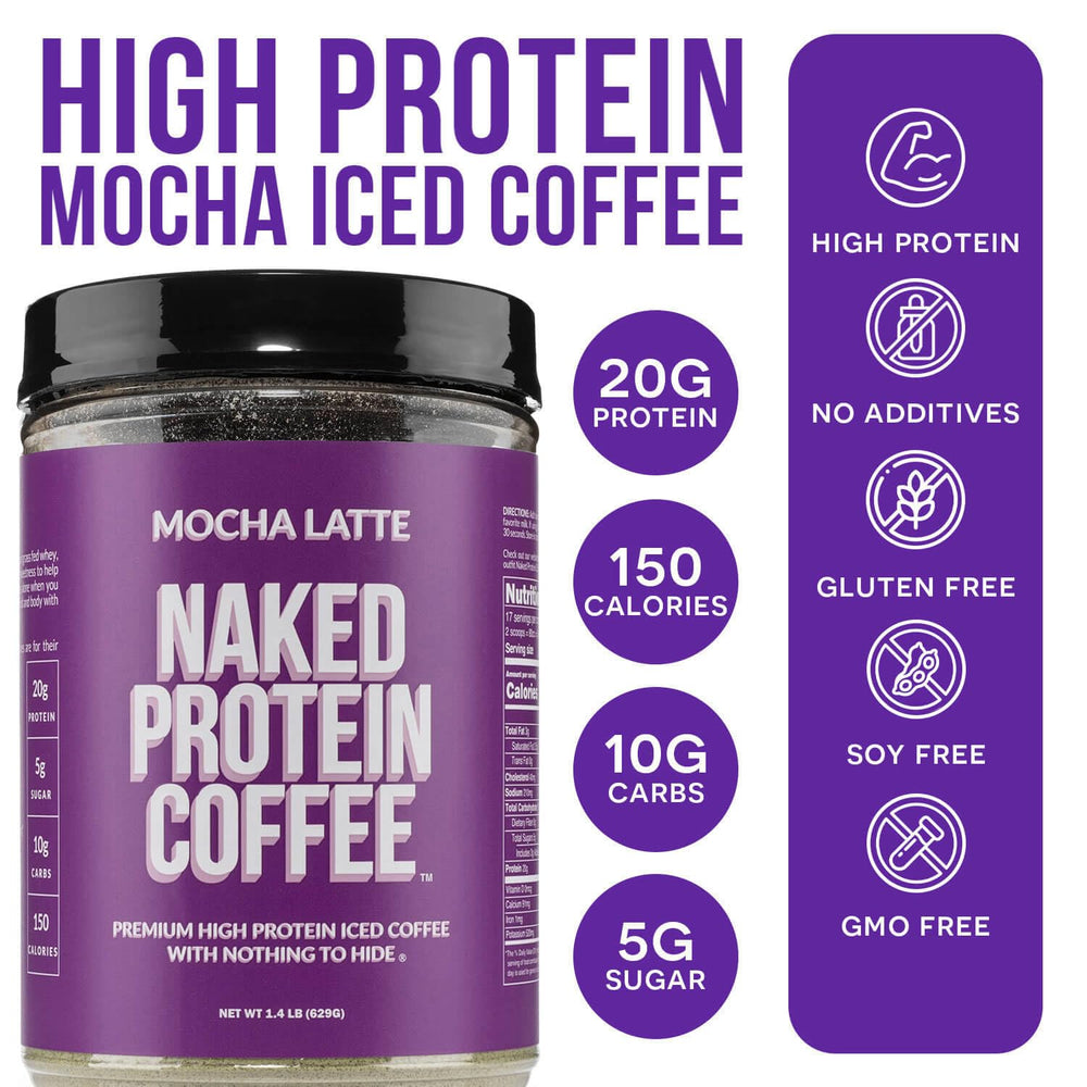 NAKED scoop of protein powder above jar showing convenient portioning and easy mixing