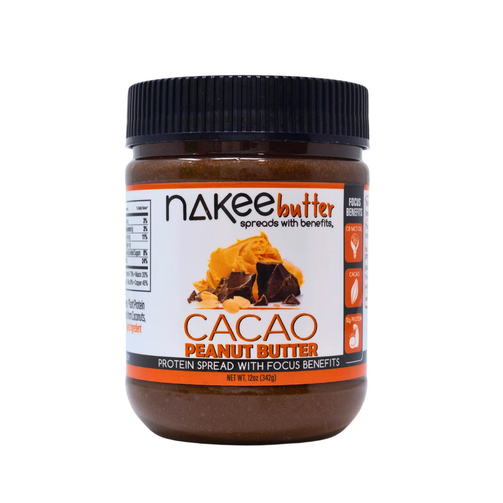 Nakee Butter front label showing brand and cacao peanut benefits