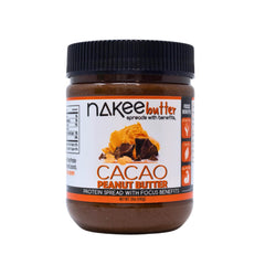 Nakee Butter front label showing brand and cacao peanut benefits