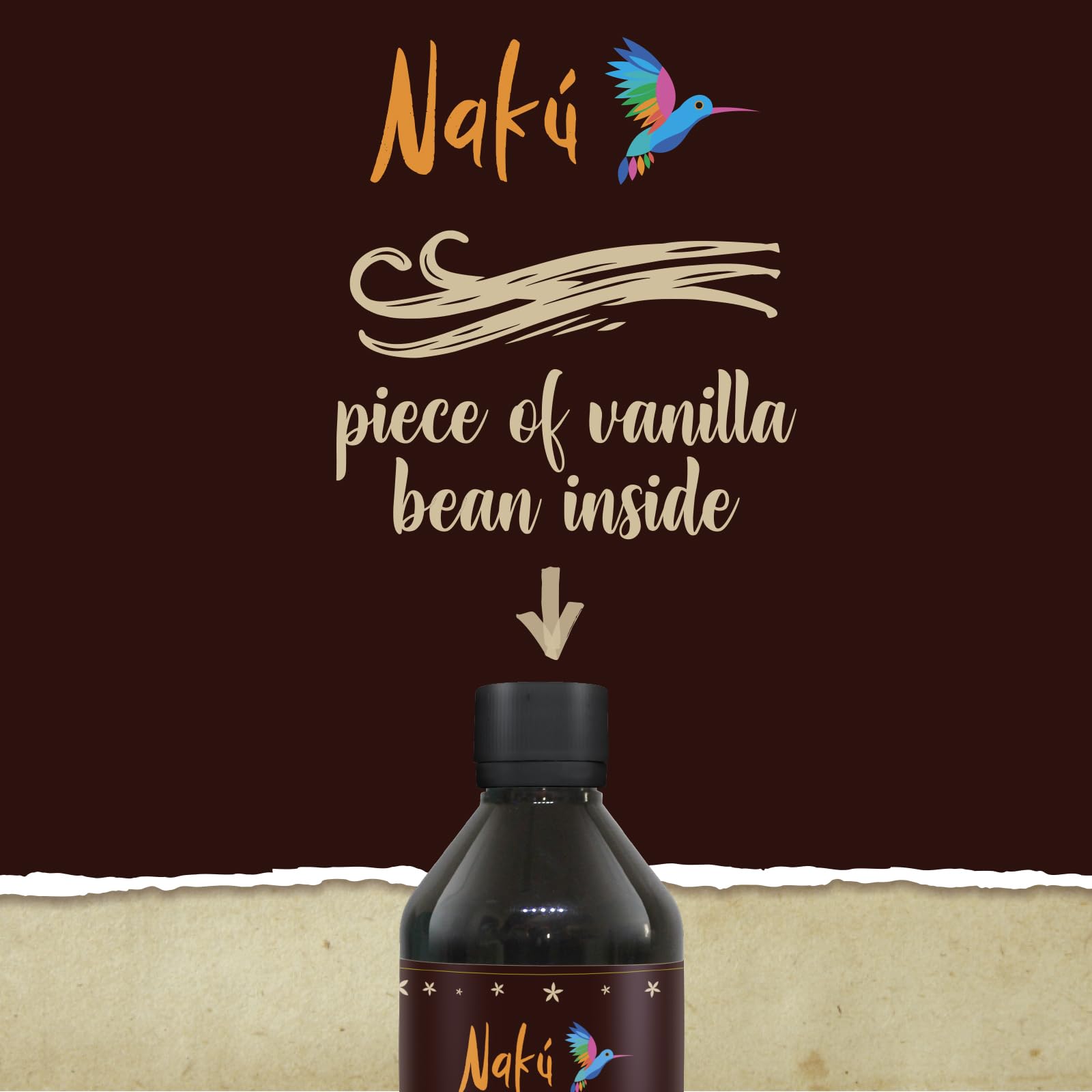 Naku close-up of vanilla bean piece showing natural texture and authenticity