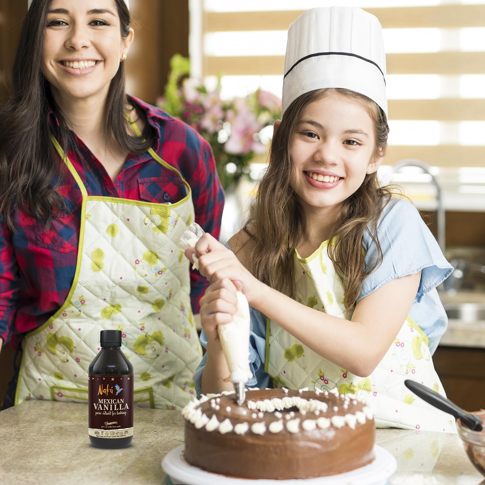Naku visible vanilla bean pod inside bottle highlighting real ingredients