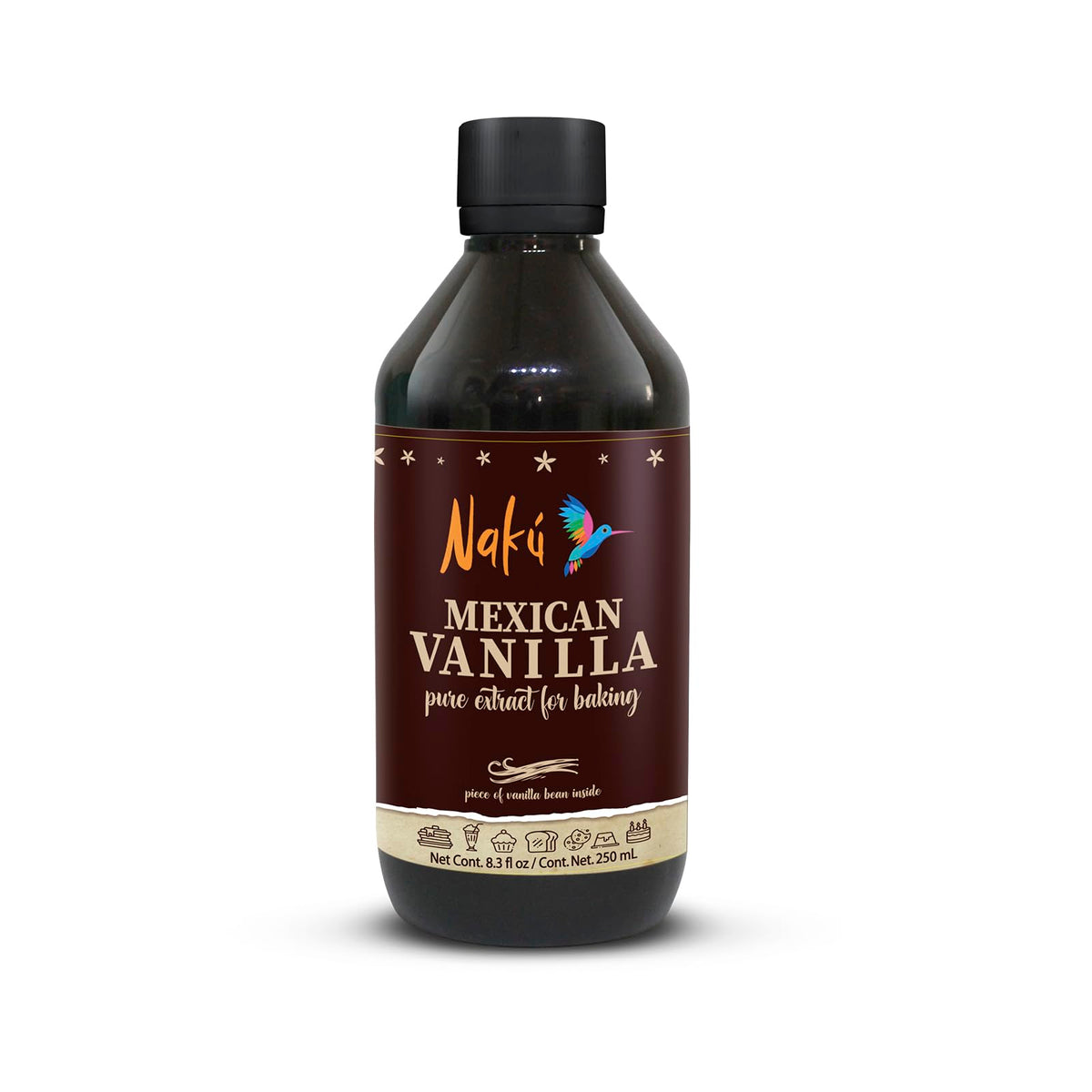 Naku bottle front label showing brand and vanilla extract benefits