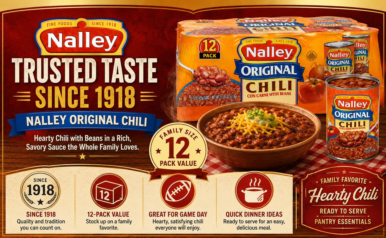 Nalley chili ladled over a hot dog illustrating classic chili dog serving
