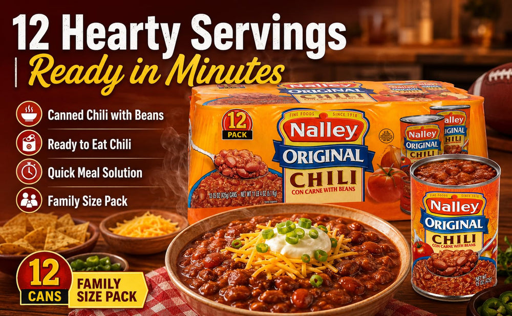 Nalley 12-pack display of cans showing bulk pantry stocking convenience