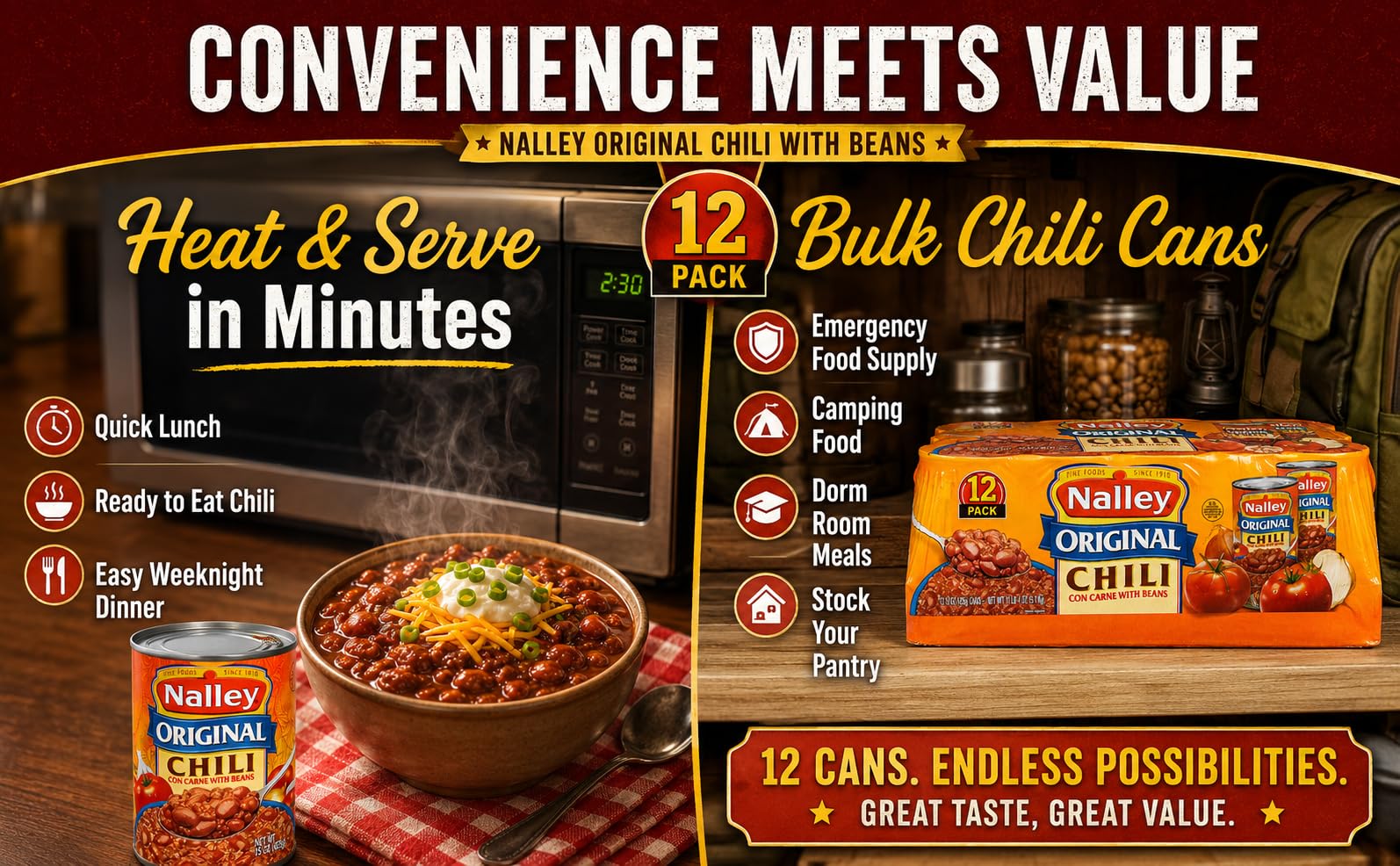 Nalley chili served in a bowl with cheese showing a quick meal option