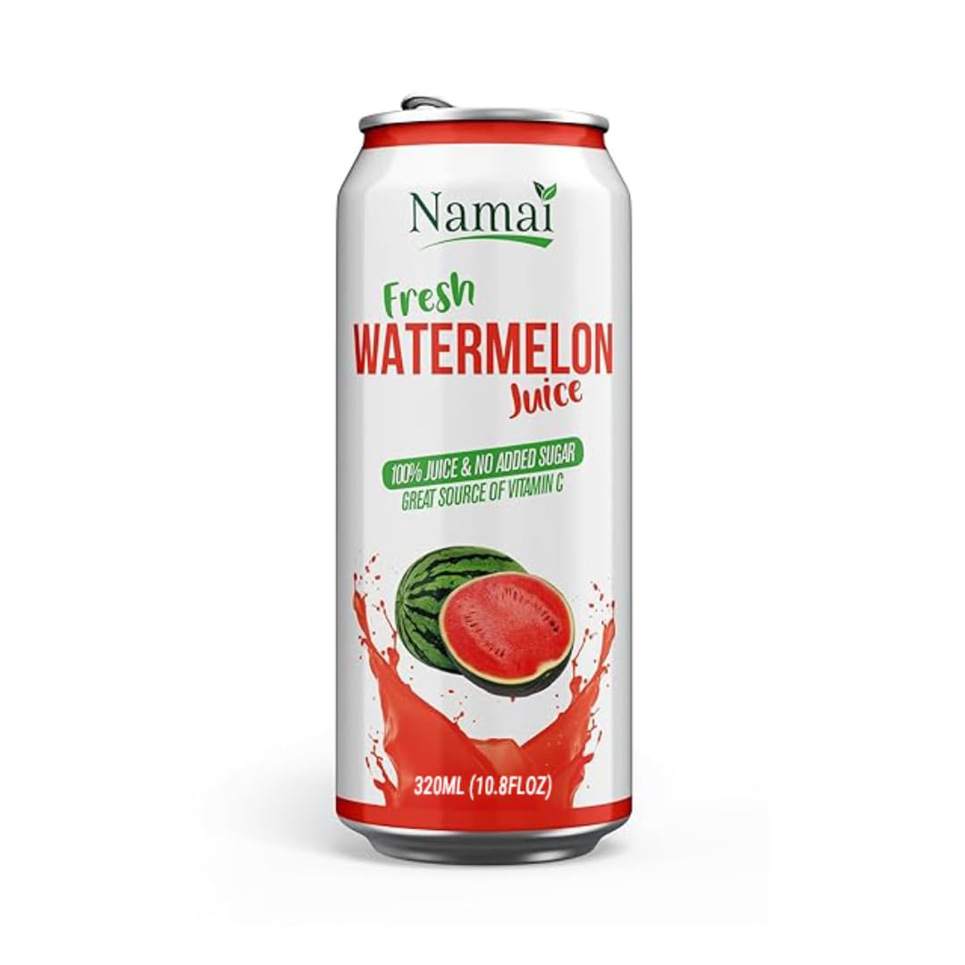Namai close-up of can surface and label highlighting pure watermelon ingredient