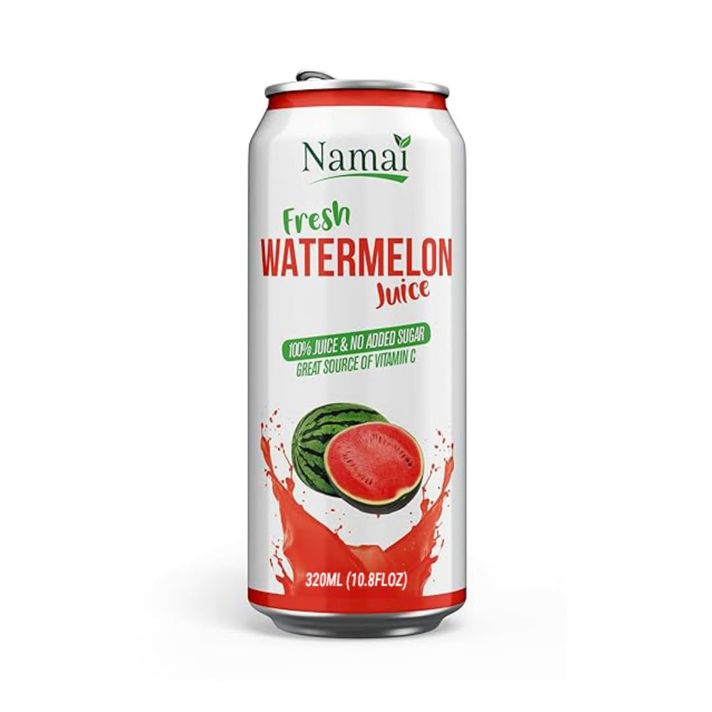 Namai close-up of can surface and label highlighting pure watermelon ingredient