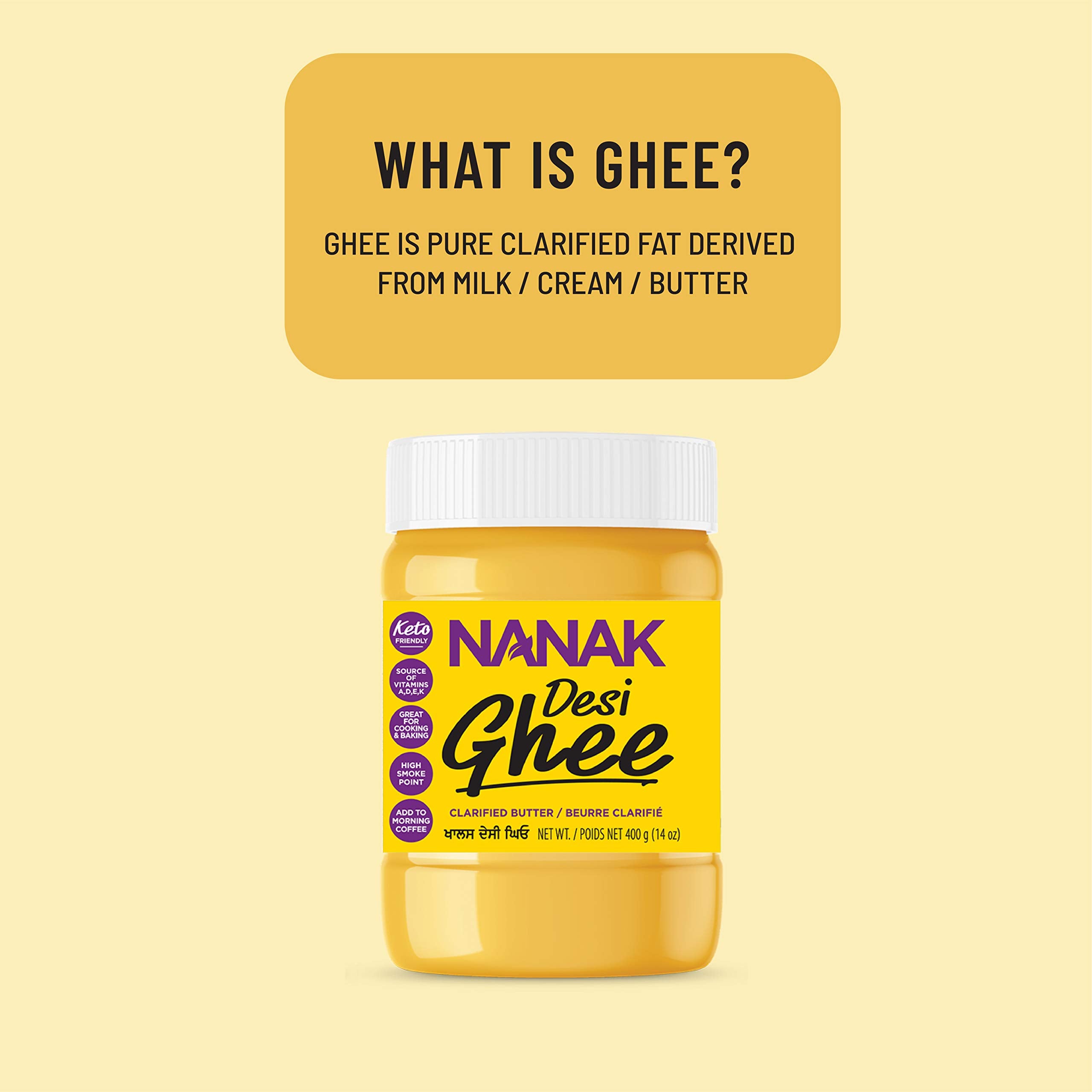 Nanak ghee sizzling in a frying pan for high-heat cooking stability