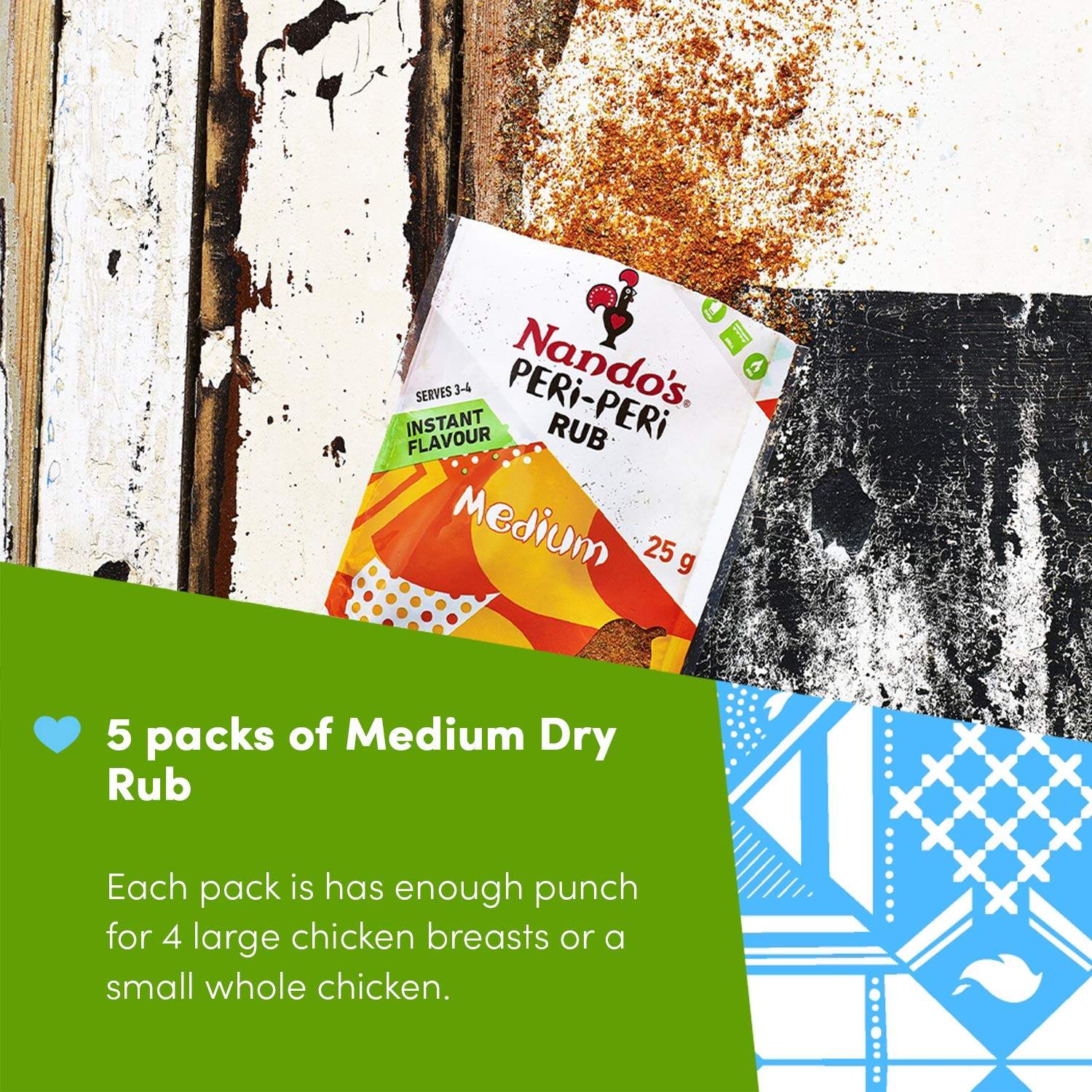Nando's PERi-PERi 25g sachet beside a spoon for clear portion and scale