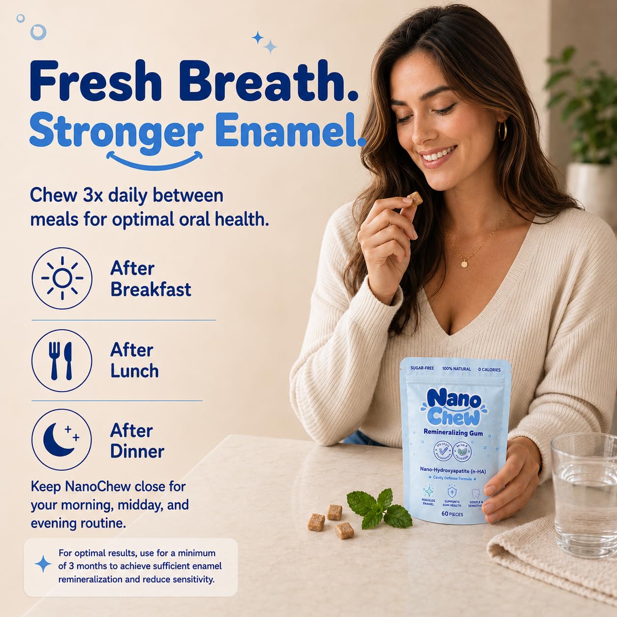 Person chewing NanoChew after a meal demonstrating fresh breath and saliva support