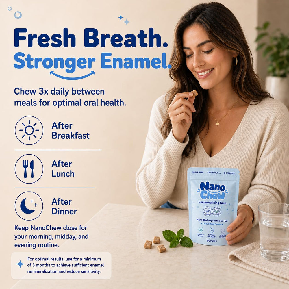 Person chewing NanoChew after a meal demonstrating fresh breath and saliva support