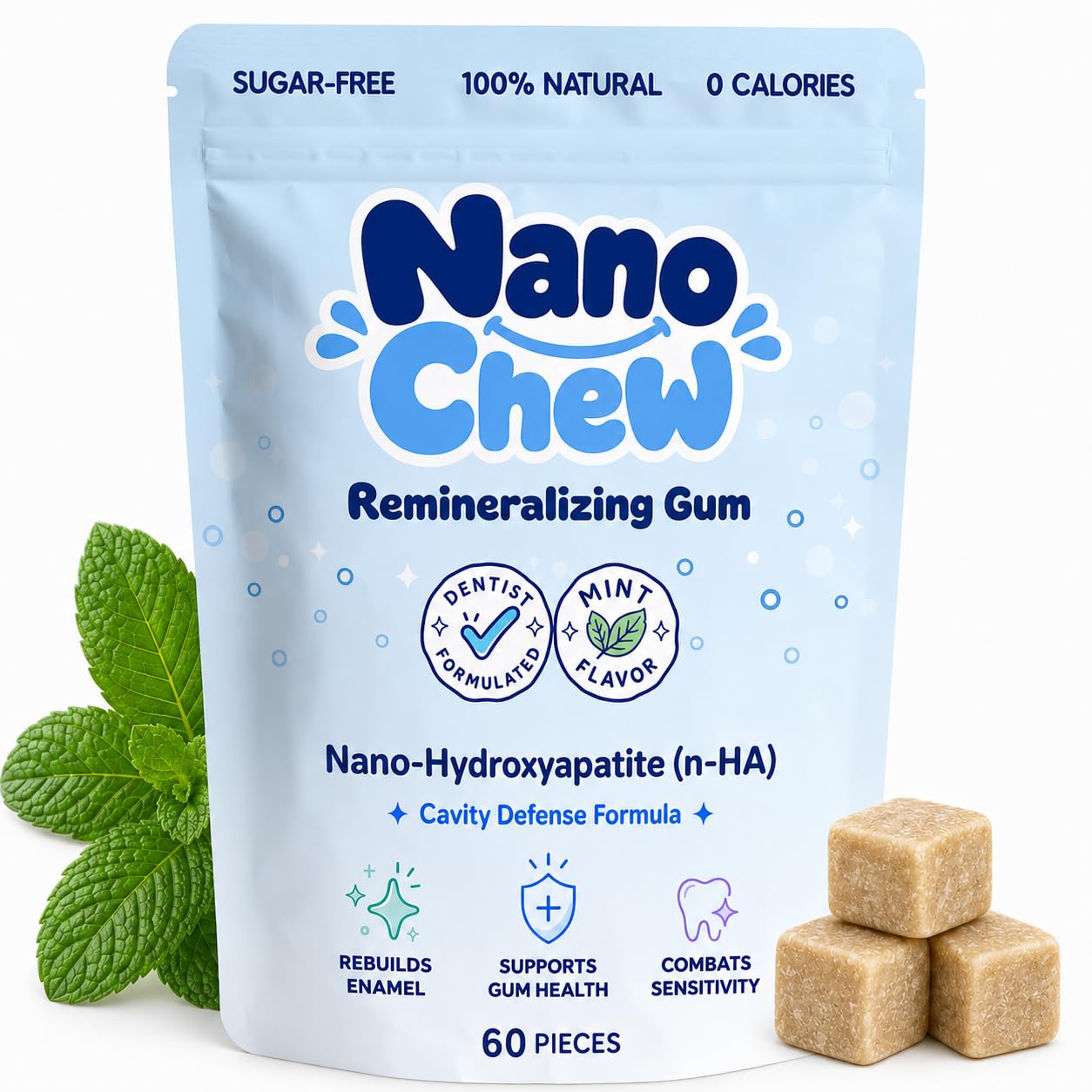 NanoChew front pouch showing packaging and benefit of enamel support