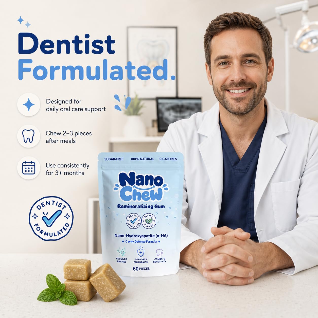 Person placing NanoChew after lunch, illustrating convenient on-the-go oral care benefit