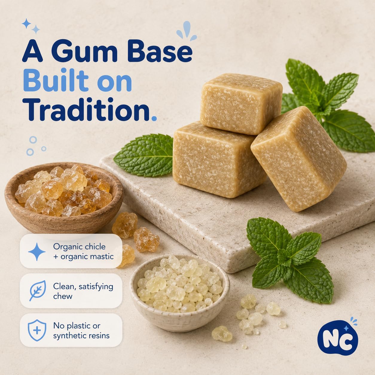 Natural chicle and mastic resins displayed to show plant-based gum base benefit