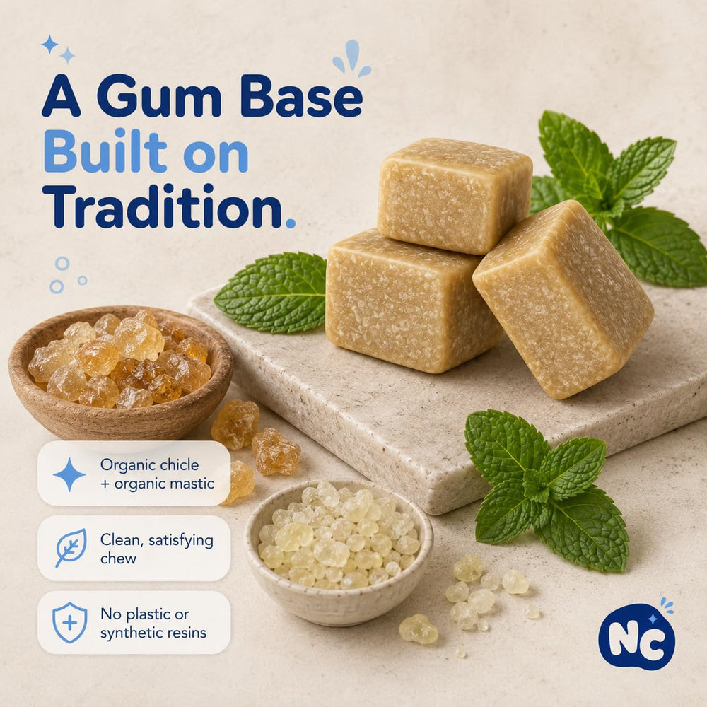 Natural chicle and mastic resins displayed to show plant-based gum base benefit