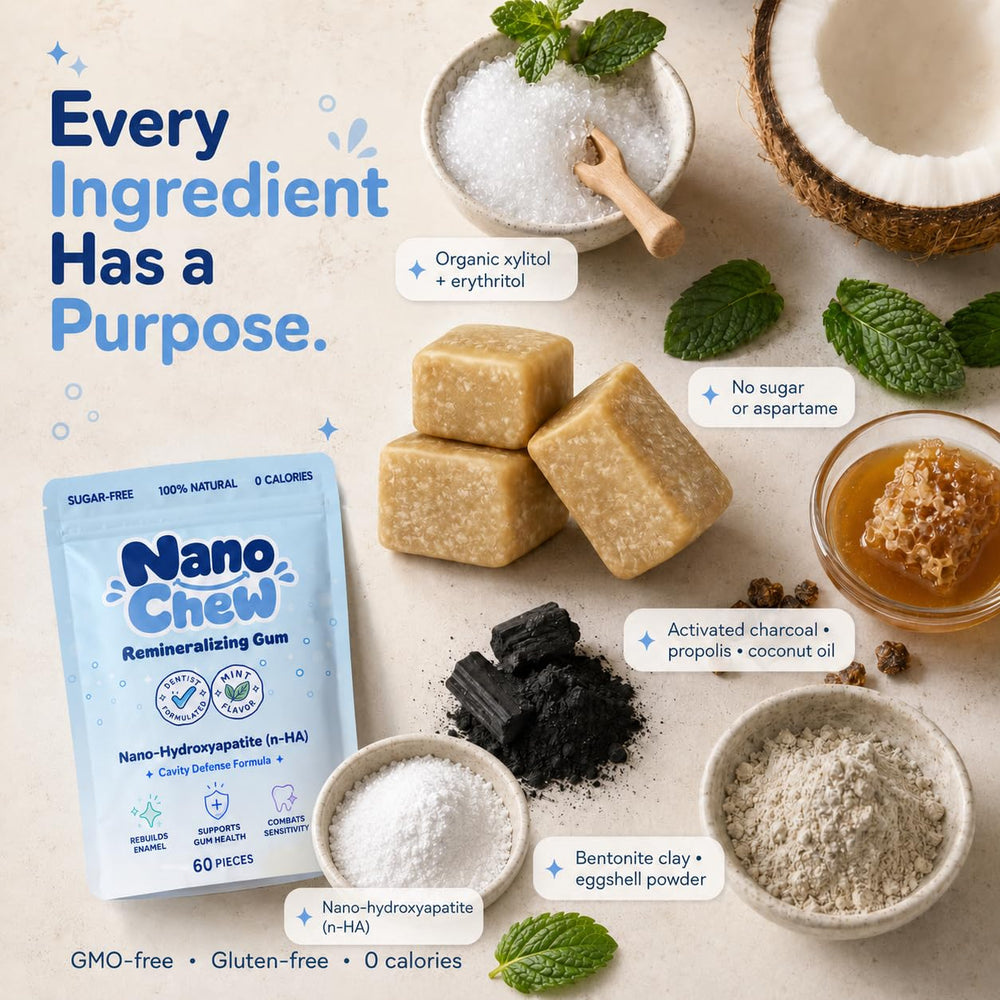 NanoChew pouch in hand for scale showing portable cavity defense benefit