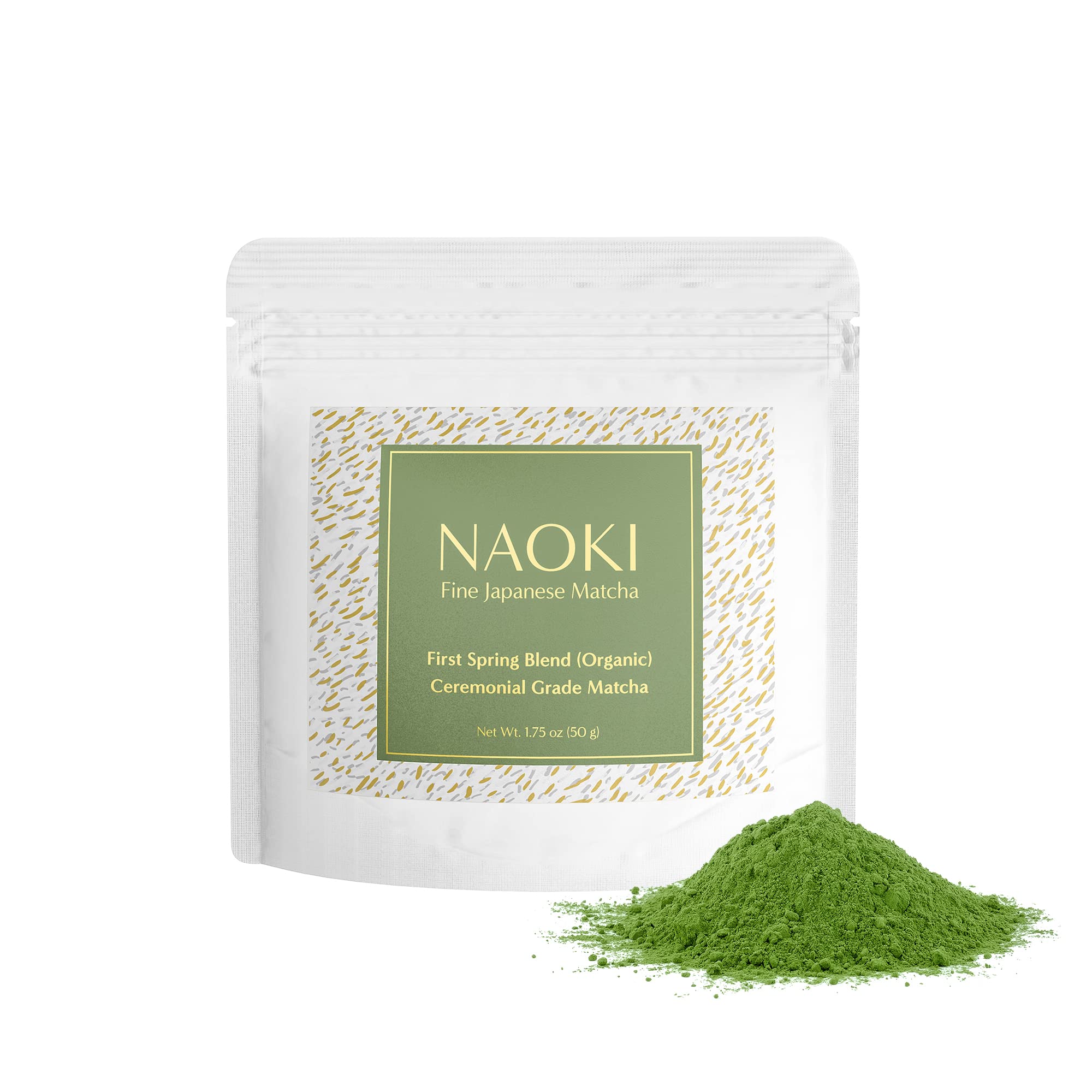 Naoki Matcha front pouch showing resealable packaging and organic label for freshness